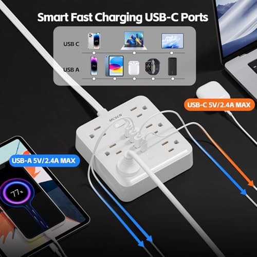 Surge Protector Power Strip, 6 Outlets, 4 USB, 15FT Flat Plug, 15 Foot Cable