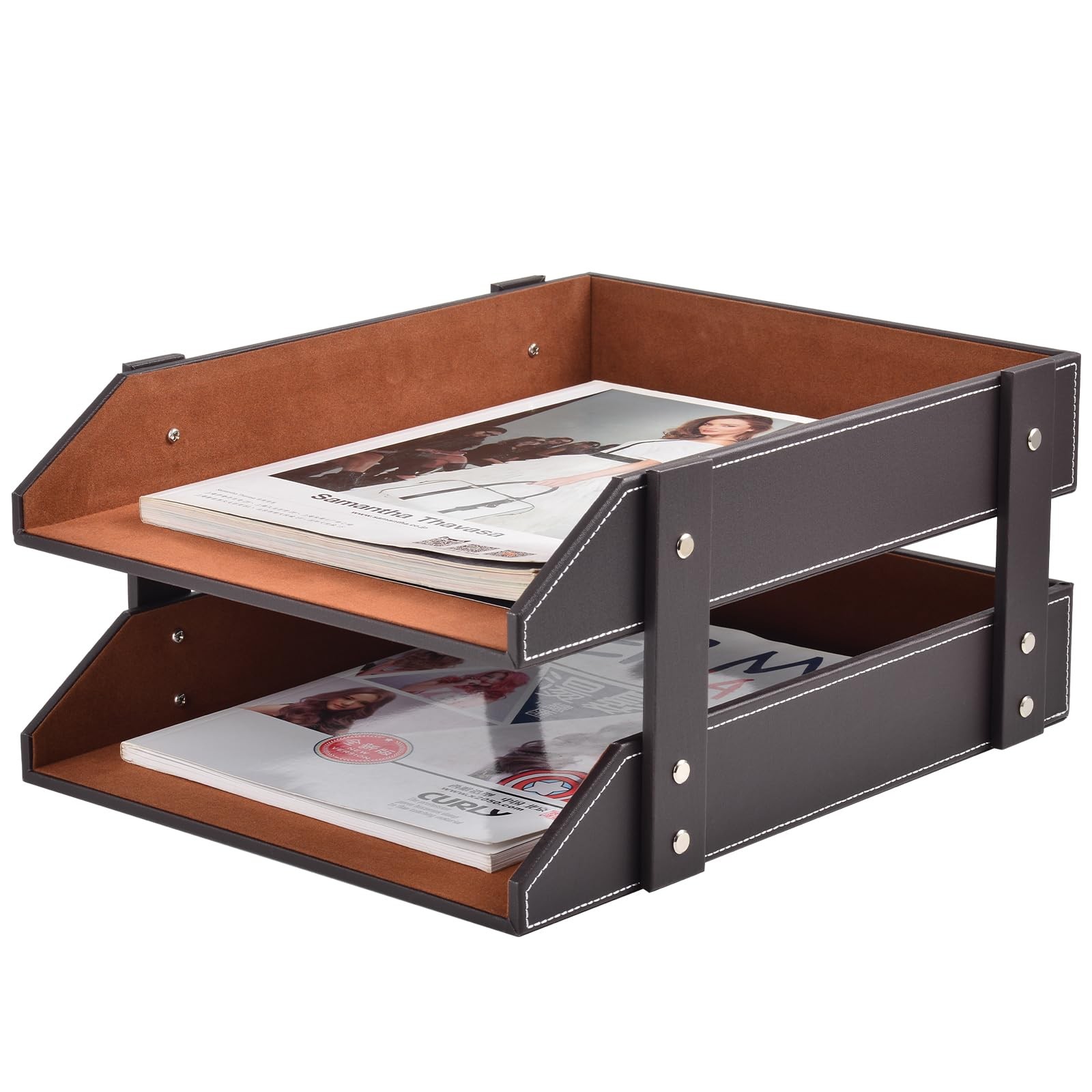 Leather Desk Organizer,2-Tier Stackable Letter Tray Holder,Office Supplies De...