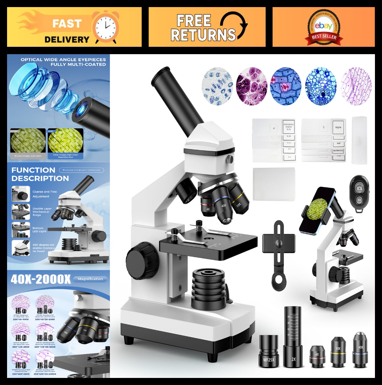 High-Power Compound Microscope 100X-2000X for Students & Adults, Lab & Home Use,
