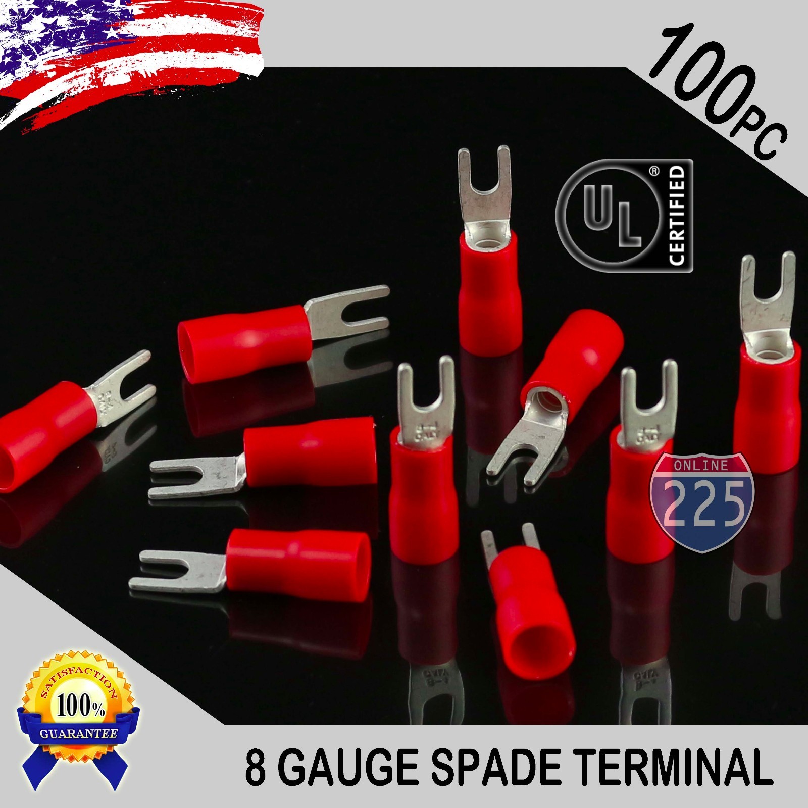 100 PCS 8 Gauge Vinyl Spade Fork Crimp Terminals #8 Stud 100% Tin Copper Core UL