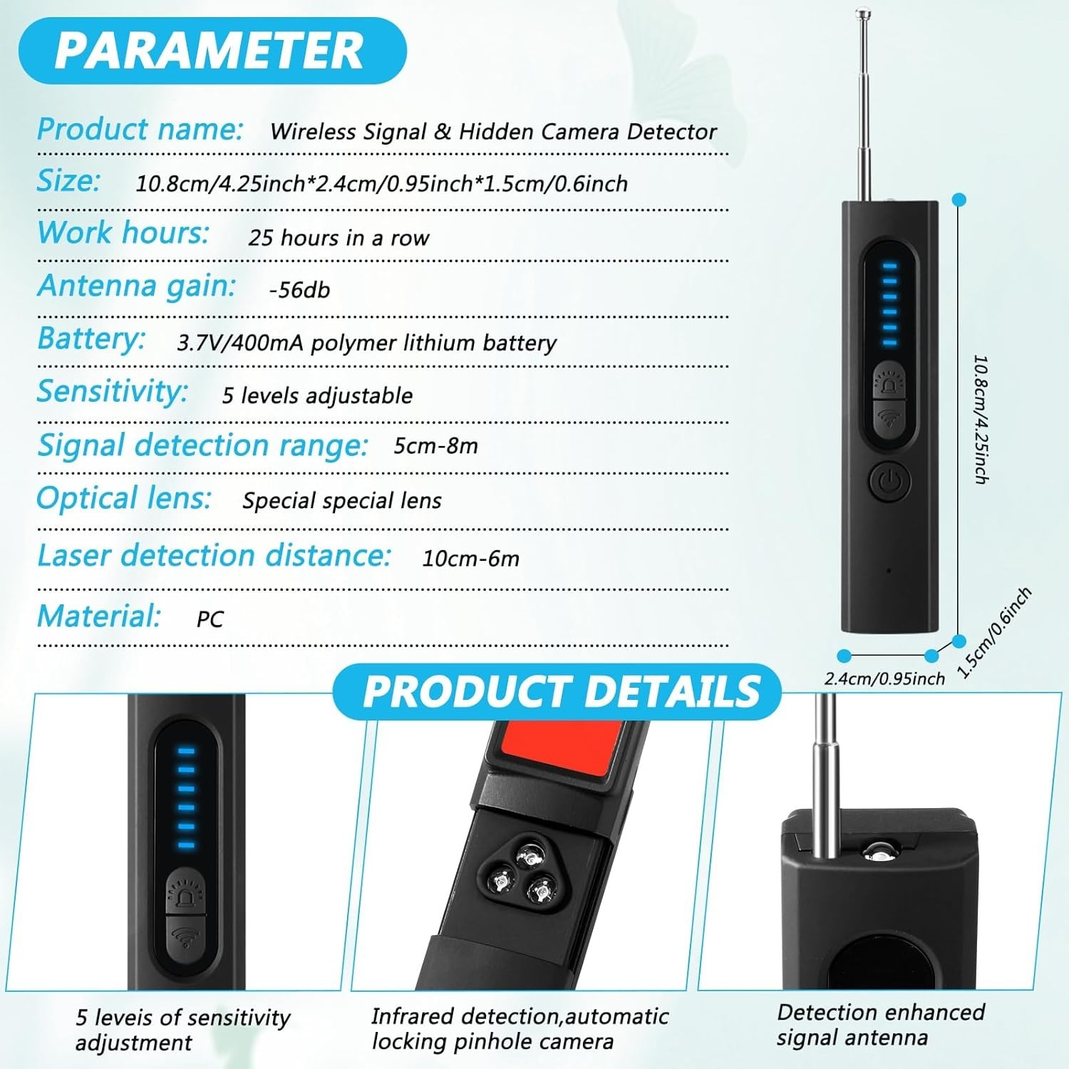 Compact Multi-Purpose Bug Detector & GPS Tracker Finder - Wireless Security