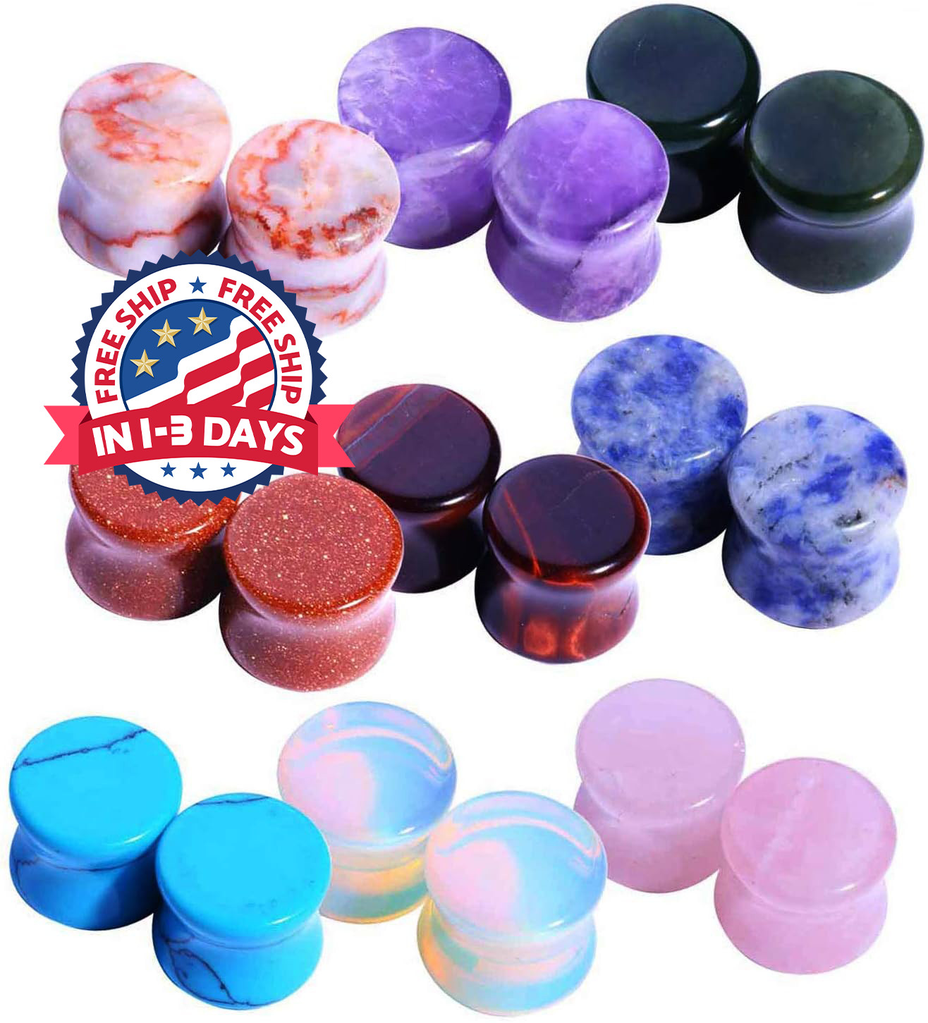 18Pcs Tapones de piedra para piercing corporal - Kit para estirar las orejas