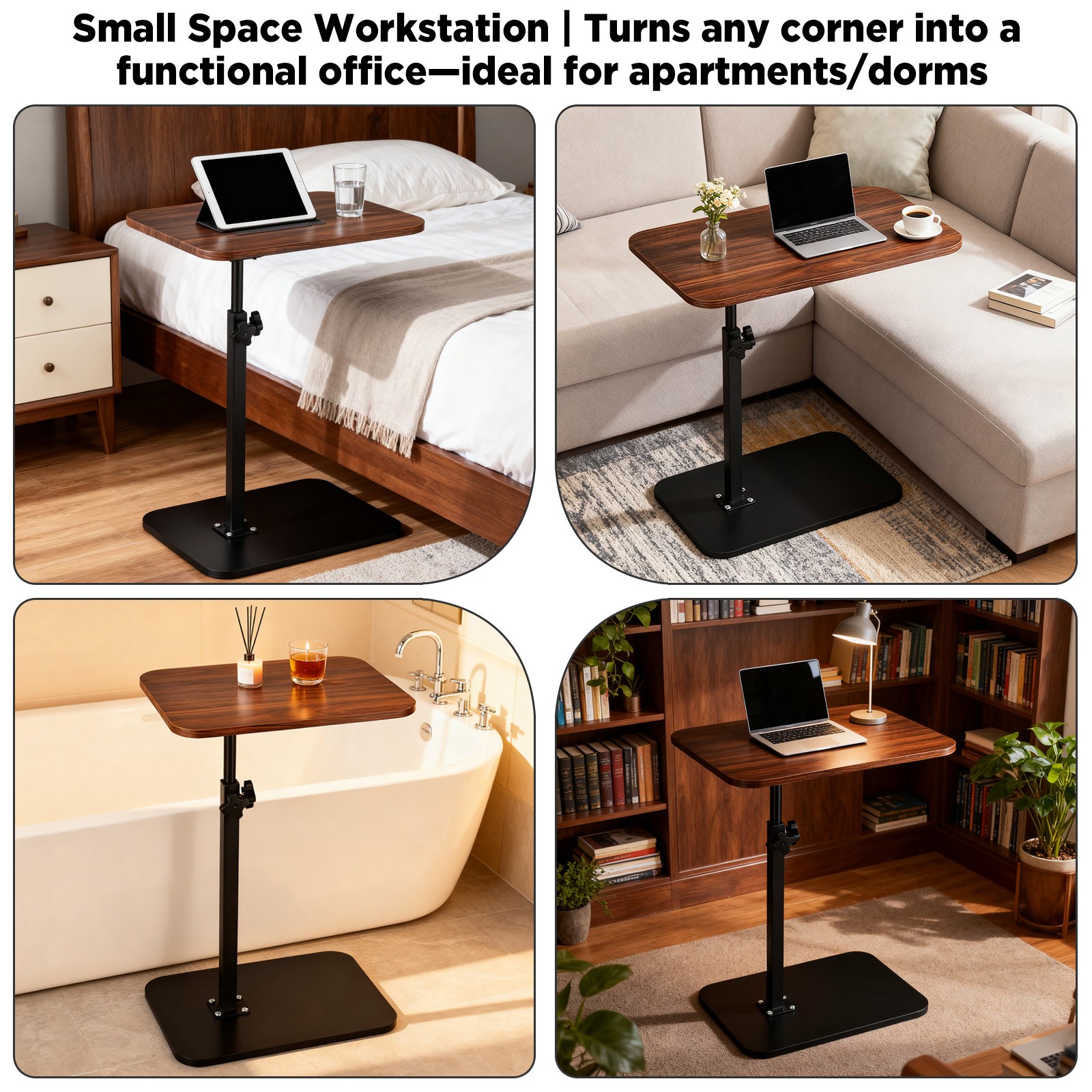C Shaped Table End Table for Couch Adjustable Height 360° Swivel Tray Sofa Table