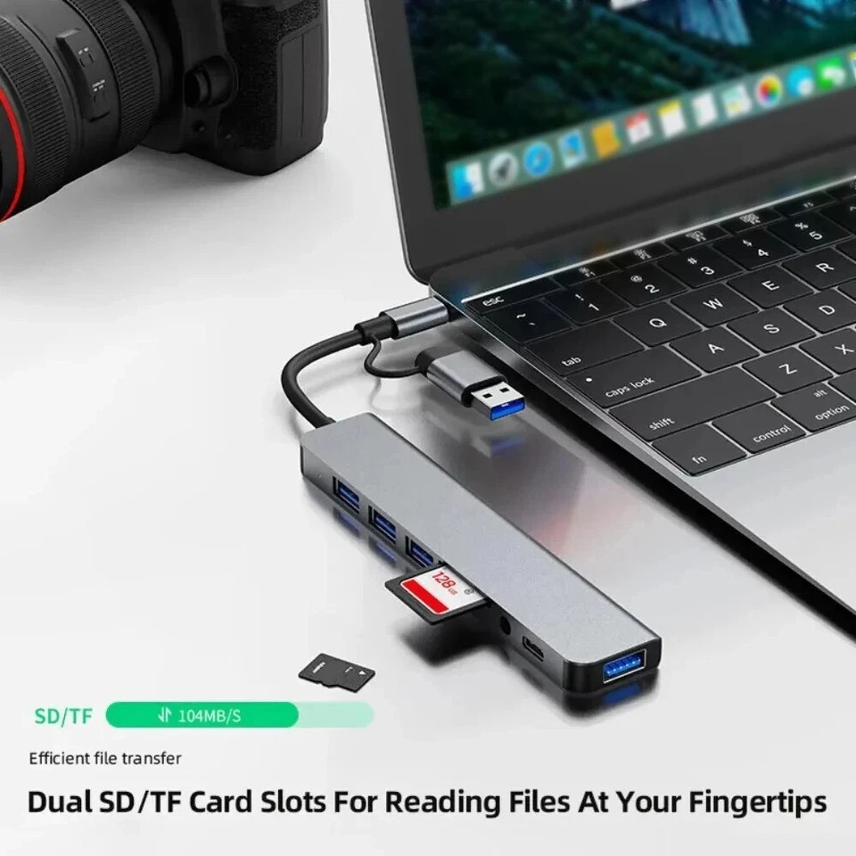 8 Port USB-C Hub Type Adapter 5G Speed Multi USB Splitter for PC Laptop Macbook
