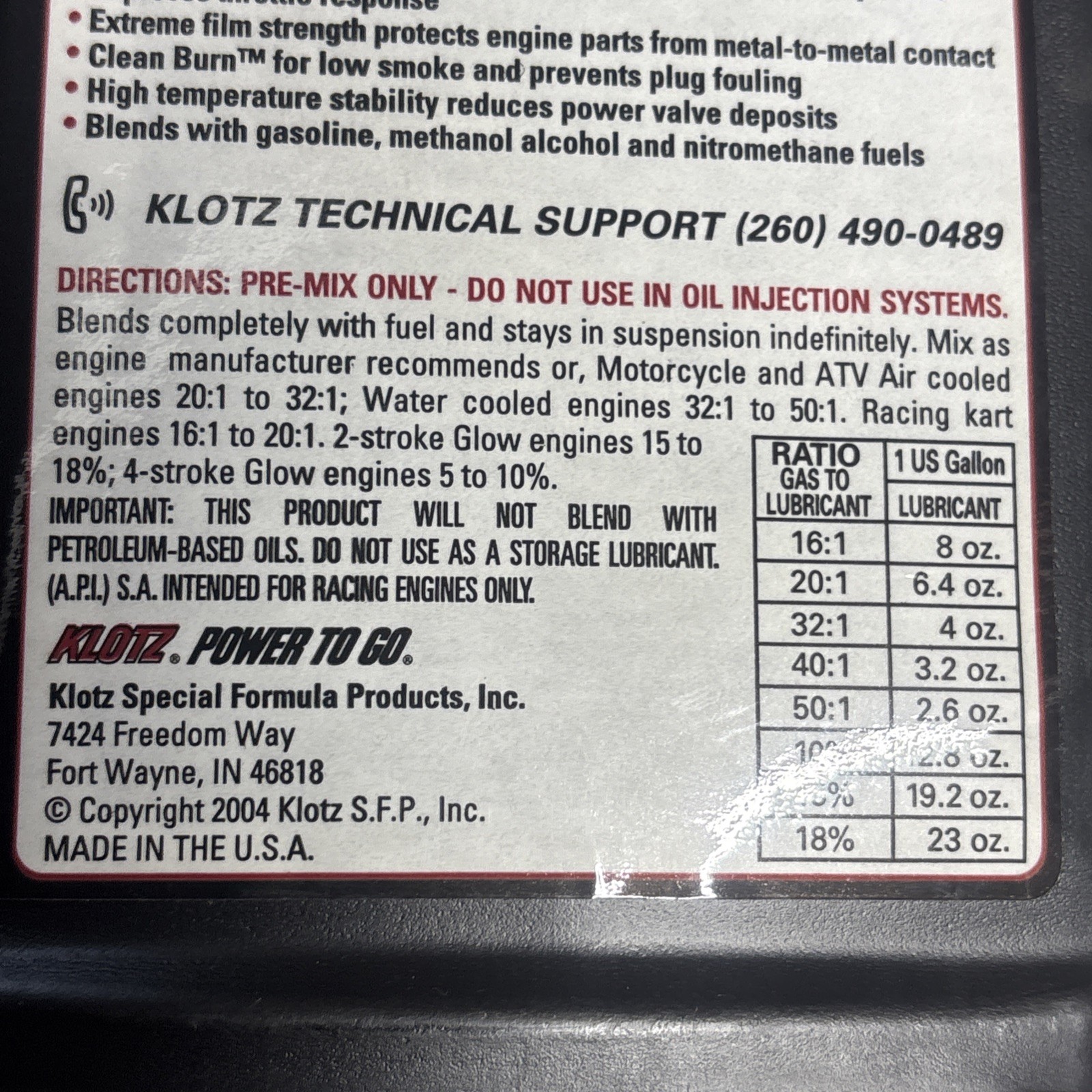 Lot of (2) N.O.S. Klotz Original Techniplate 1 Quart KL-200 PRE-MIX for Racing