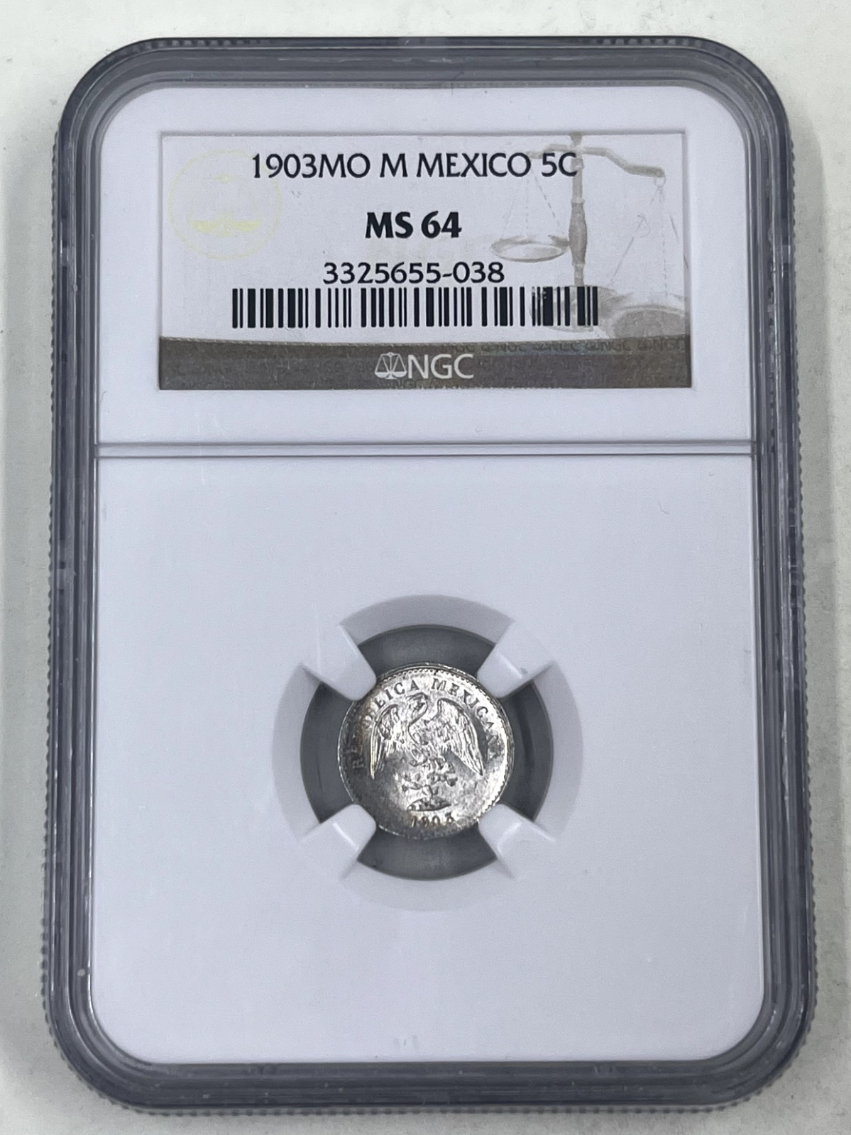 1903 MO M Mexico 5C NGC MS 64 Crescent Toned
