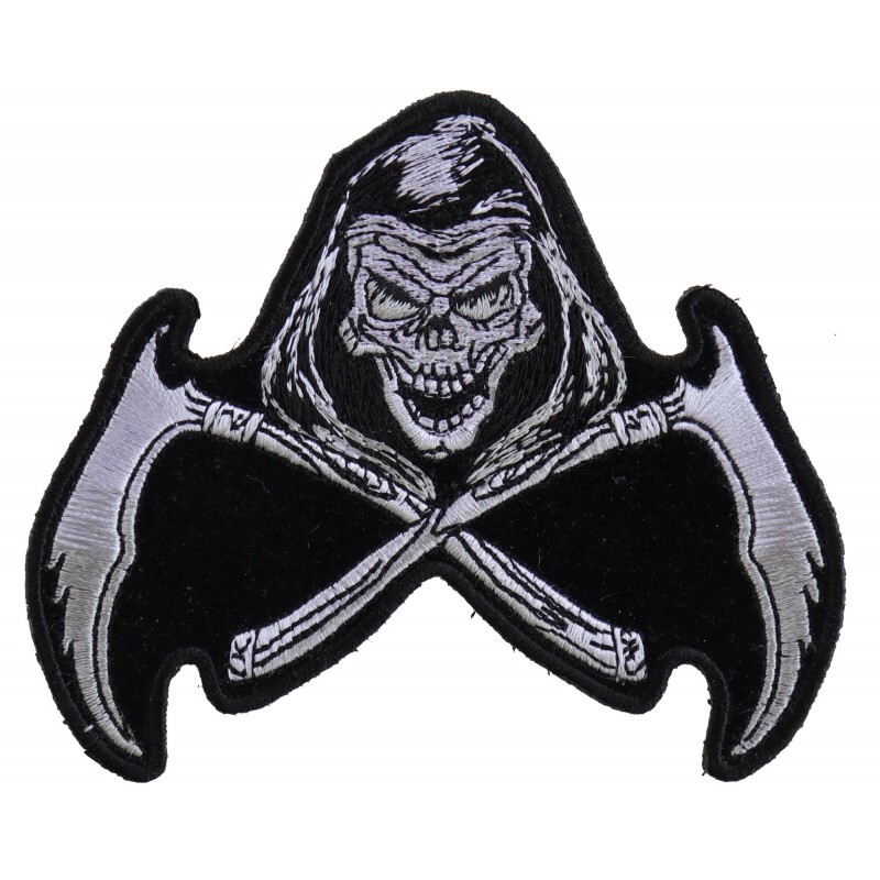 Embroidered Patch (Iron-On), Grim Reaper Skull Scythe (White on Black)