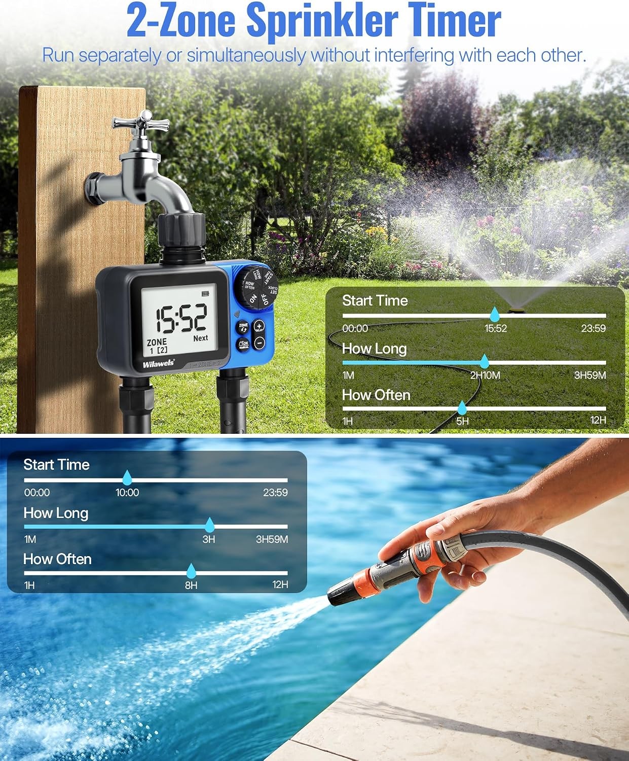 Water Timer for Garden Hose 2 Zone Sprinkler Automatic Irrigation System/Rain