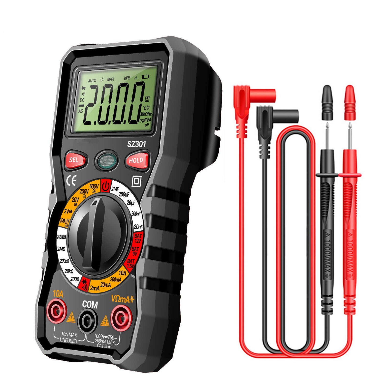 Versatile Digital Multimeter w Test Leads Measures Volt Amp Ohm Capacitance