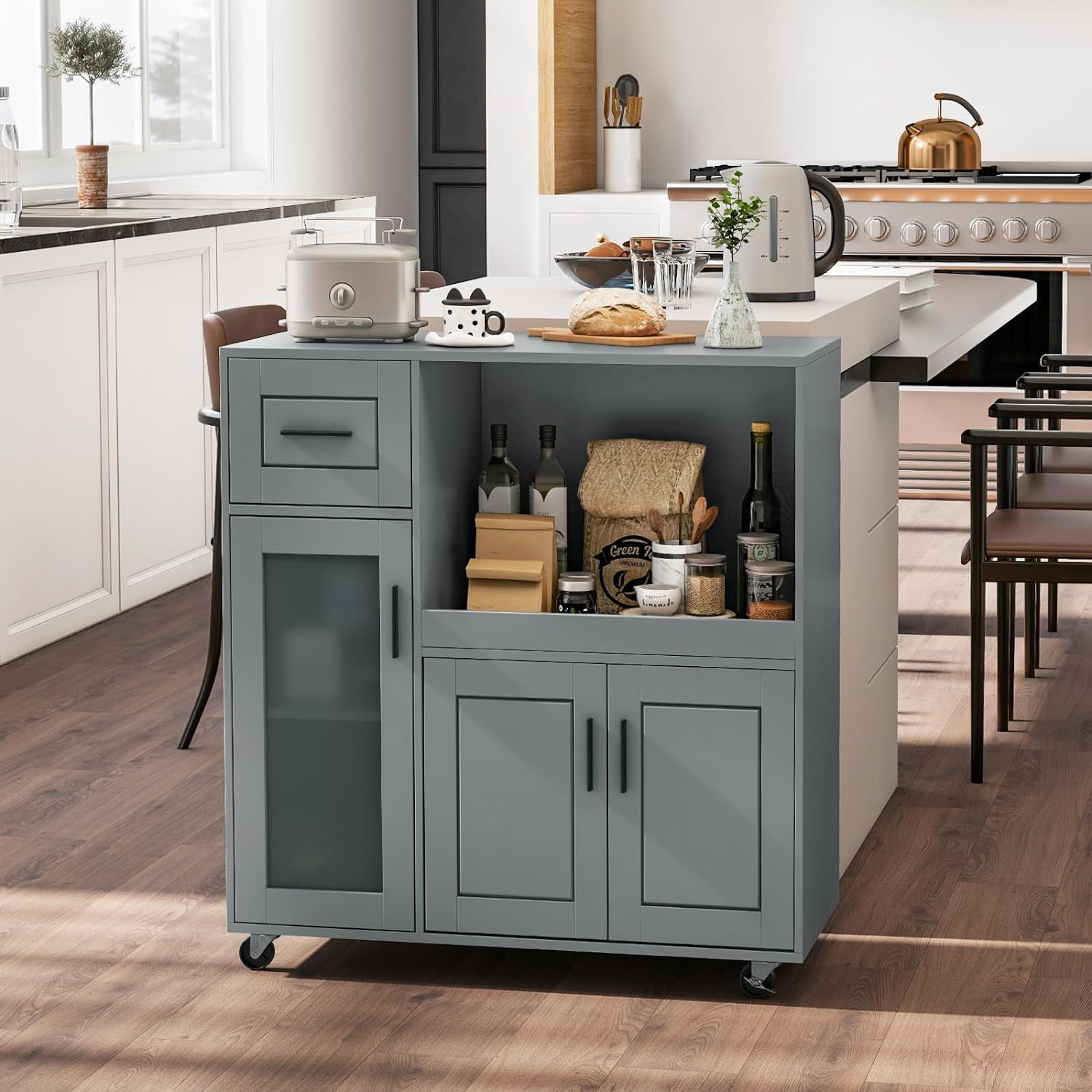 Rolling Kitchen Island Cart with Storage & Adjustable Shelf, Grey