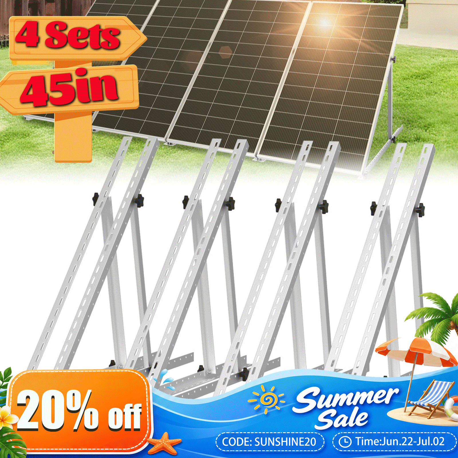 4Sets 45 inch Solar Panel RV Tilt Mount Brackets RV Flat Roof Adjustable Frame