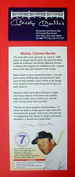 Mickey Mantle NY Restaurant Business Card & 1995 Organ Donor Card facsimile Auto