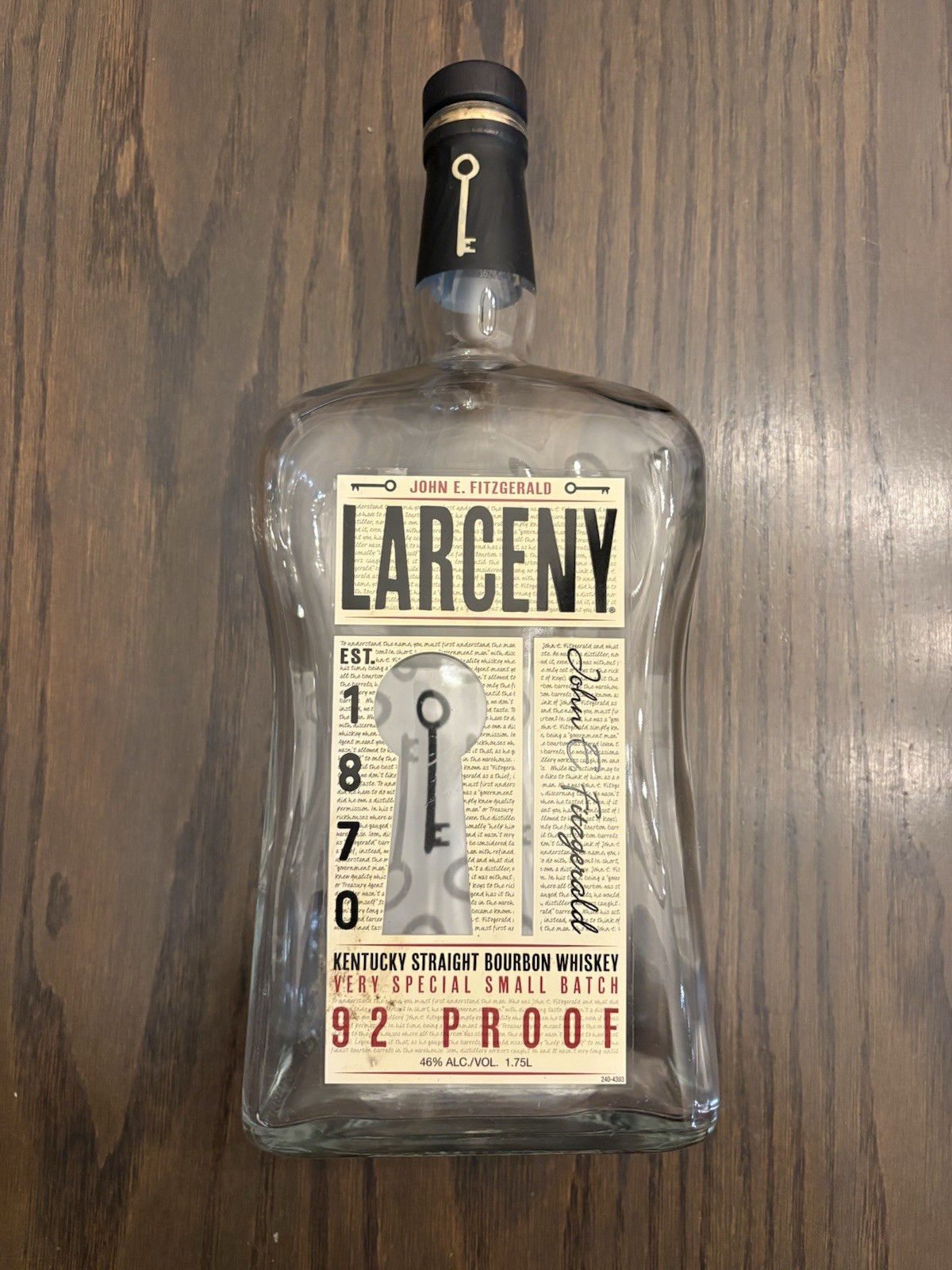 John E Fitzgerald Larceny Kentucky Bourbon 1.75 Liter - Empty Unwashed Bottle