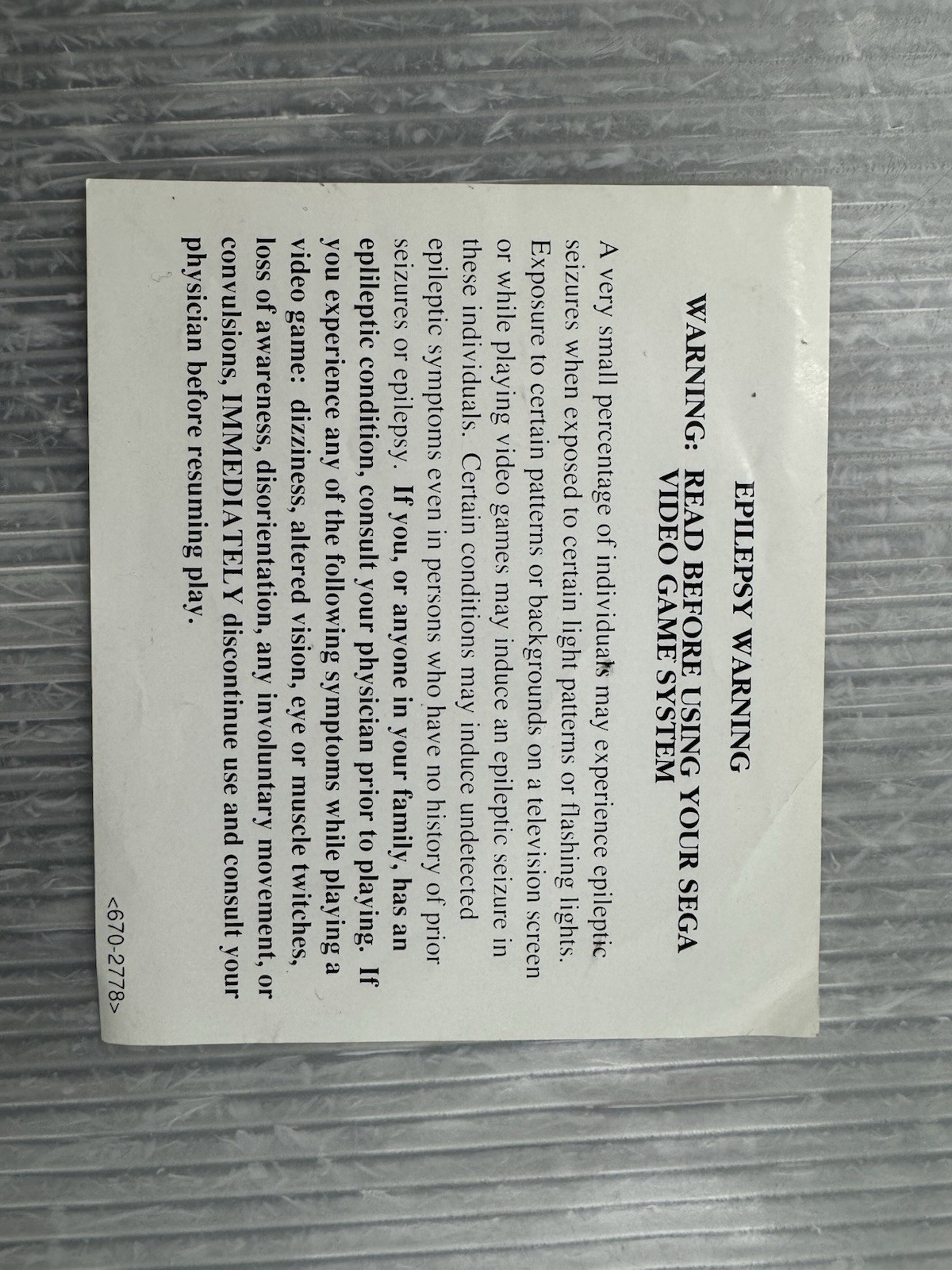 SEGA GENESIS Video Game System EPILEPSY WARNING insert sheet ONLY