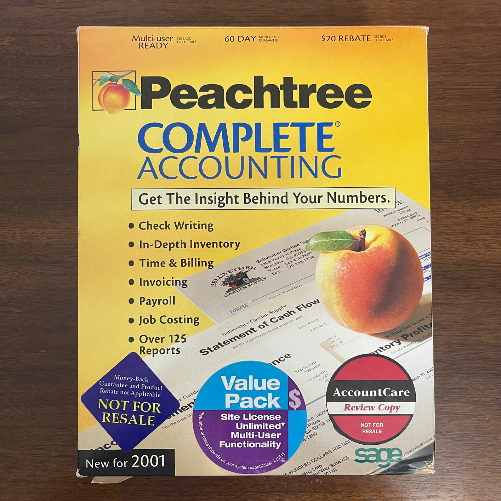 Peachtree Complete Accounting 2001 BIG BOX Release 8.0 NFR SEALED CD 4lb+ CIB