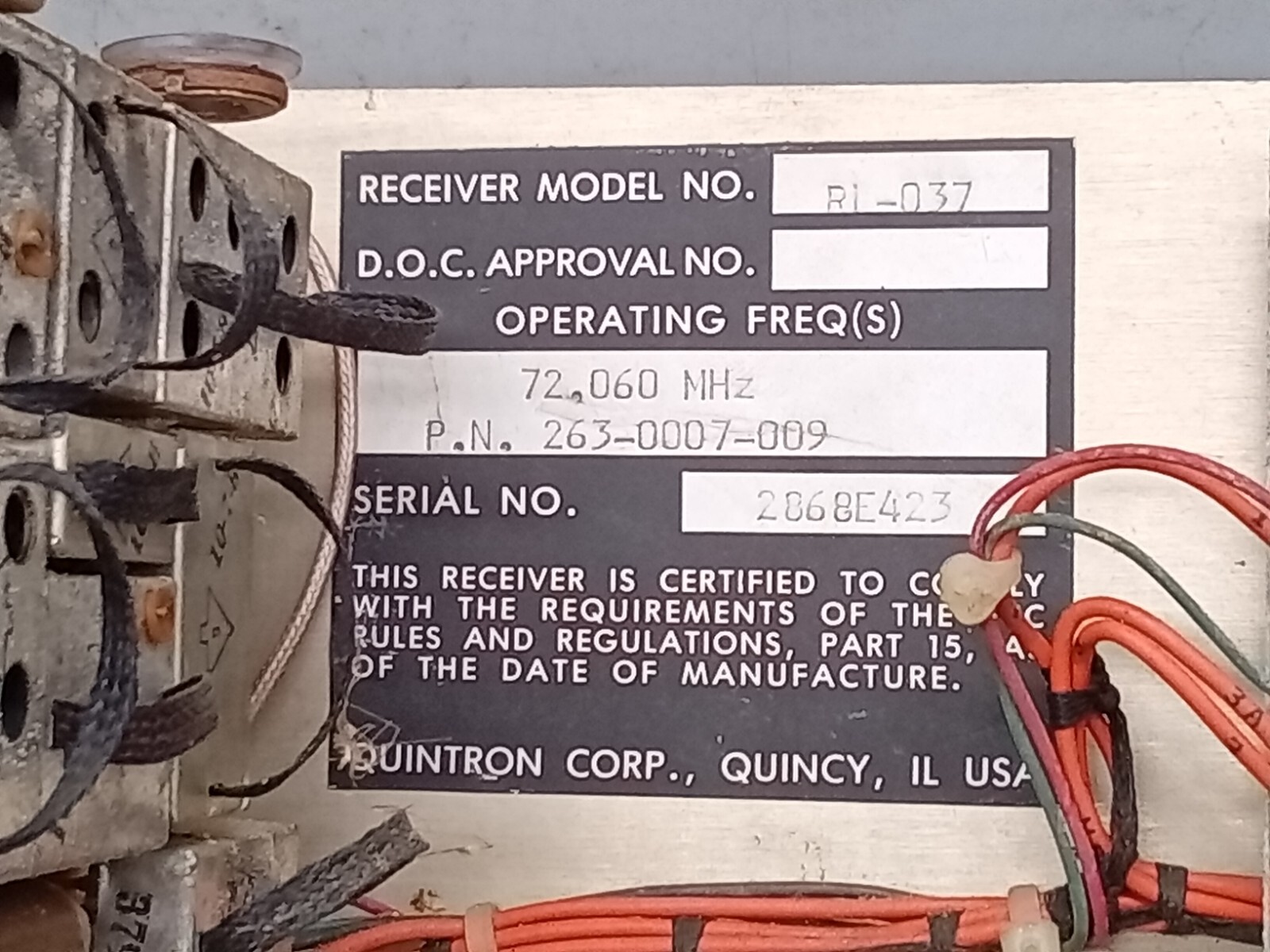 QUINTRON CORP MODEL - 037 LINK RECERVER 72.060 MHZ