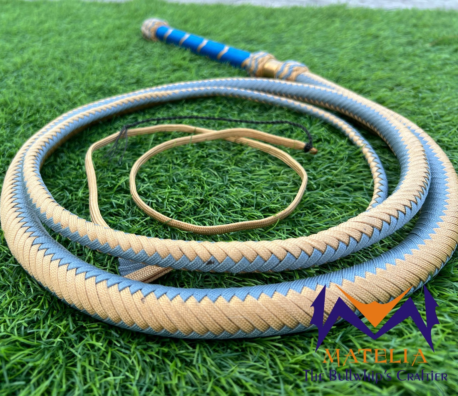 Waxed Nylon Bullwhip, Blue, light Gold: Australian Style, Size 4ft-12ft