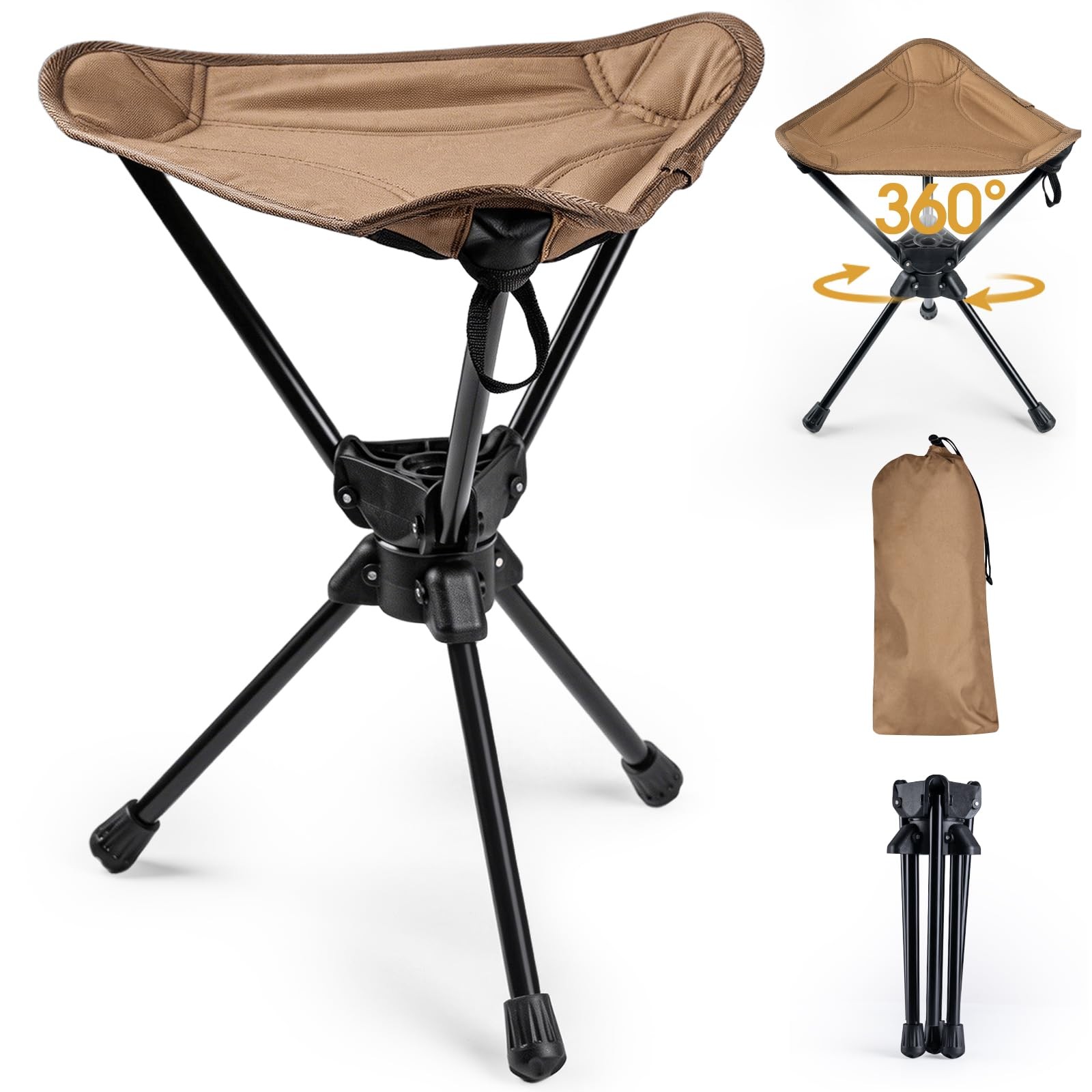 Folding Hunting Stool 360° Swivel Tripod Chair, Portable Camping Stool with S...