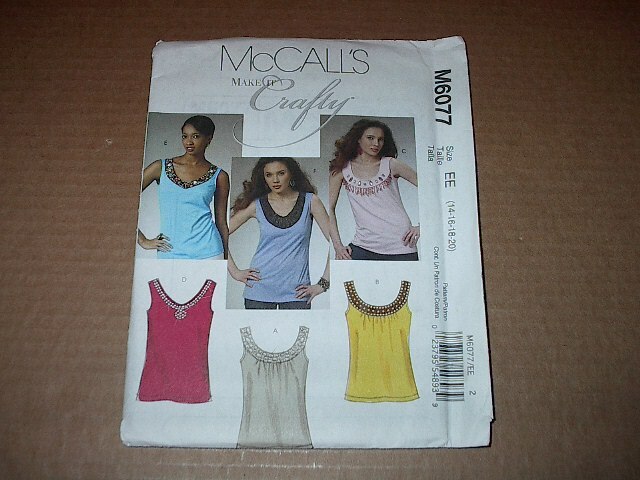 McCall's Pattern 6077 ~ Misses' Sleeveless Pullover Tops in Six Styles 14~20 Unc