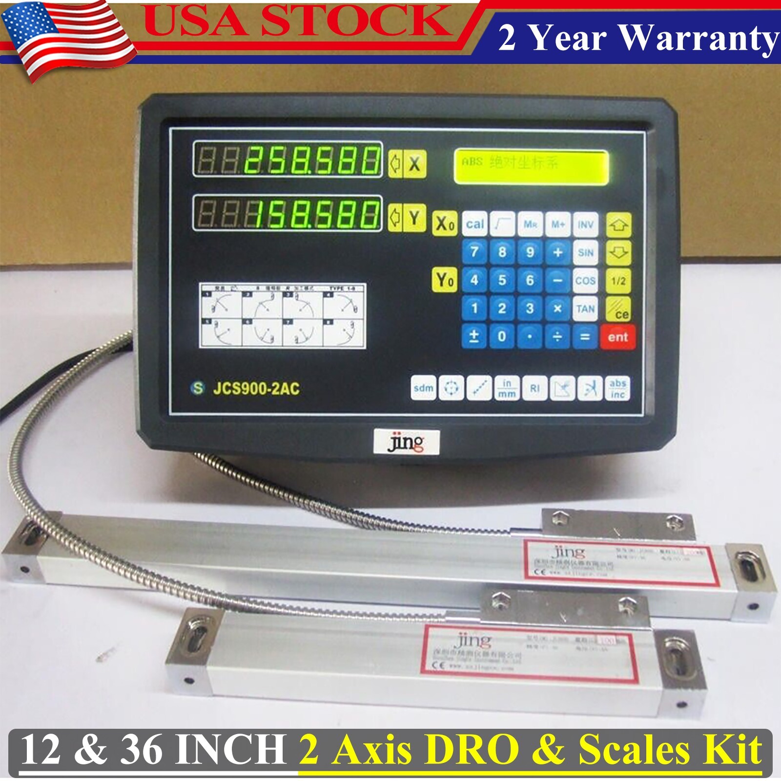 12" 36" Linear Scale Digital Readout 2Axis DRO Display Bridgeport 9X42 Table,US