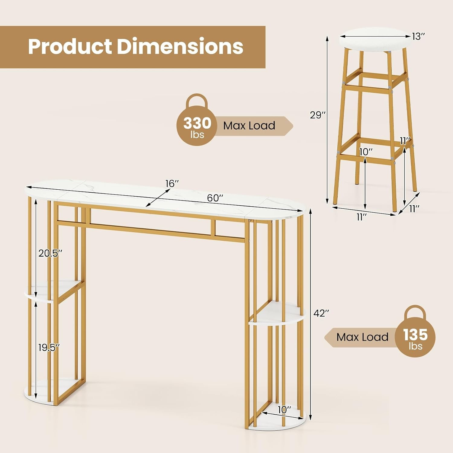 Bar Table Set for 2 with Storage Shelves, 60" Dining Table & 2 Upholstered