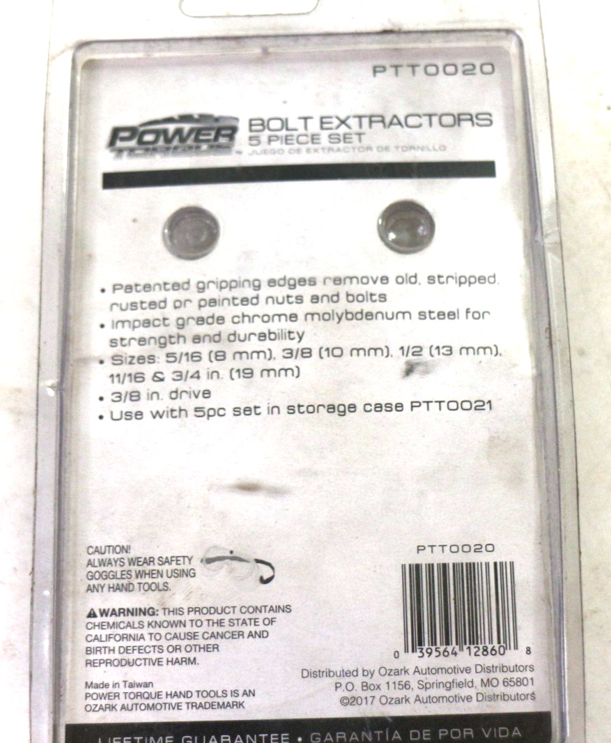 Power Torque Tools Bolt Extractor 5 Piece Set - 3/8"Drive No.# PTT0020 NOS