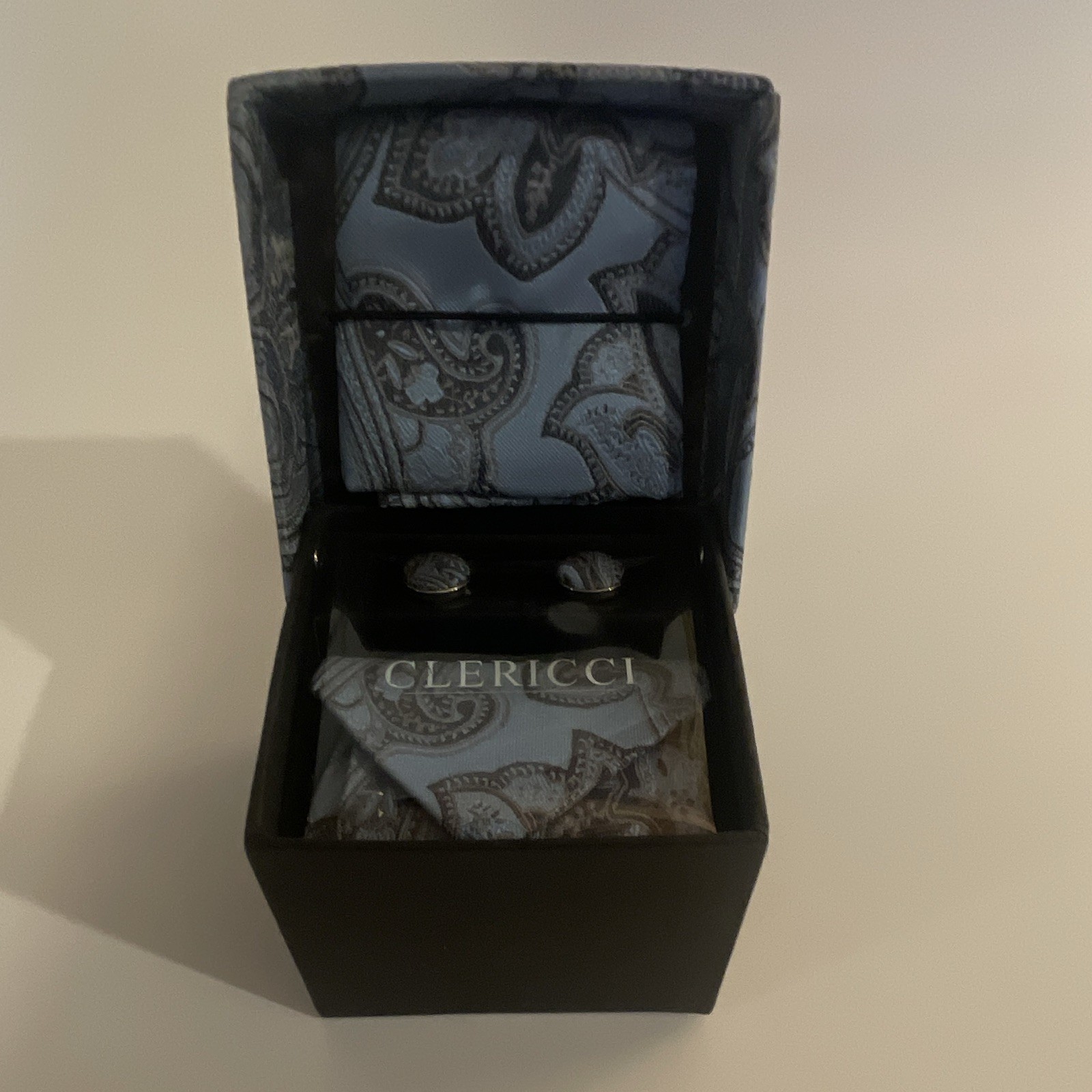 Clericci Men's Blue and Gray Paisley Accessory Set, 3-Piece