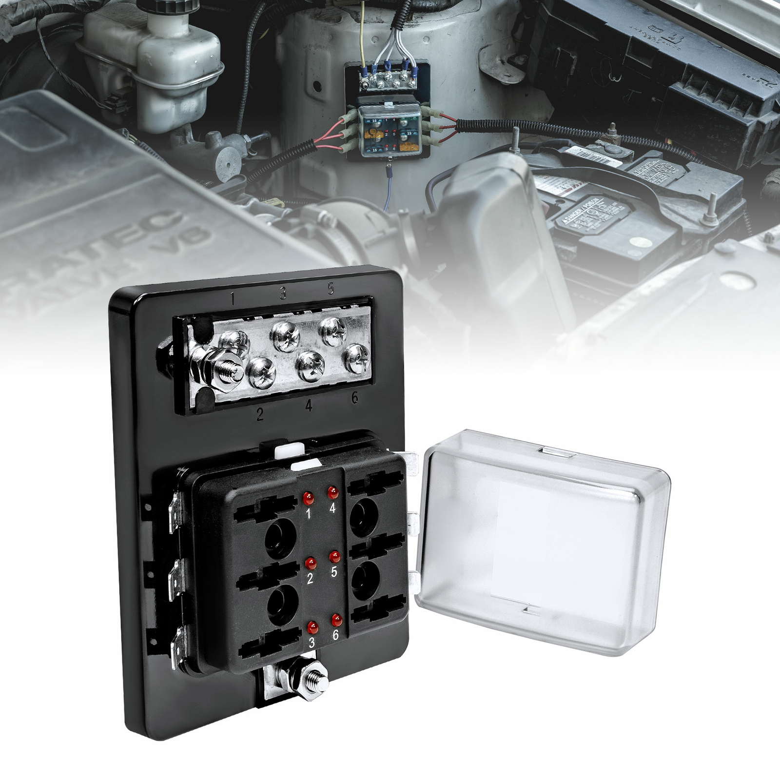6 Way 12V 32V Blade Fuse Box Block Holder with Negative Ground Bus Bar for Auto