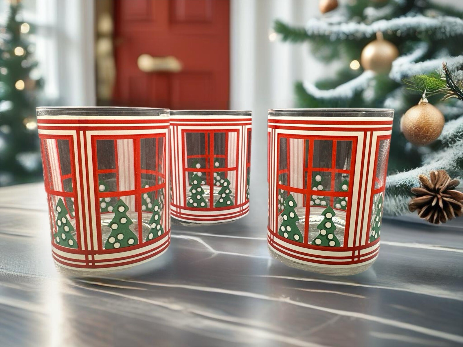 Set of 3 Vintage Towle Christmas Tree in Window Low-Ball Glasses - 4 1/4” 😮 🎄