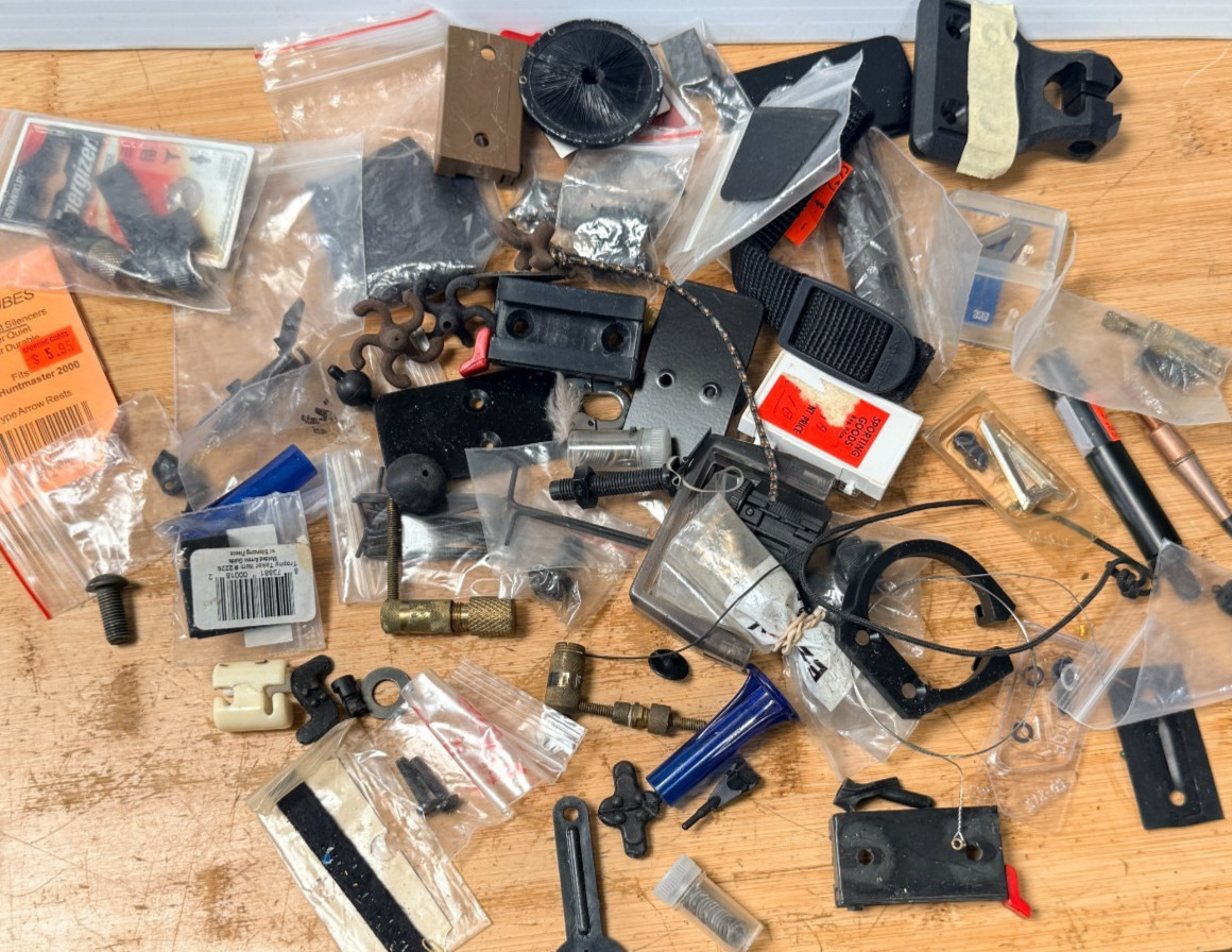 Large Vtg Lot Of Archery Pieces And Parts Arrowheads Screws Bow Parts Etc.