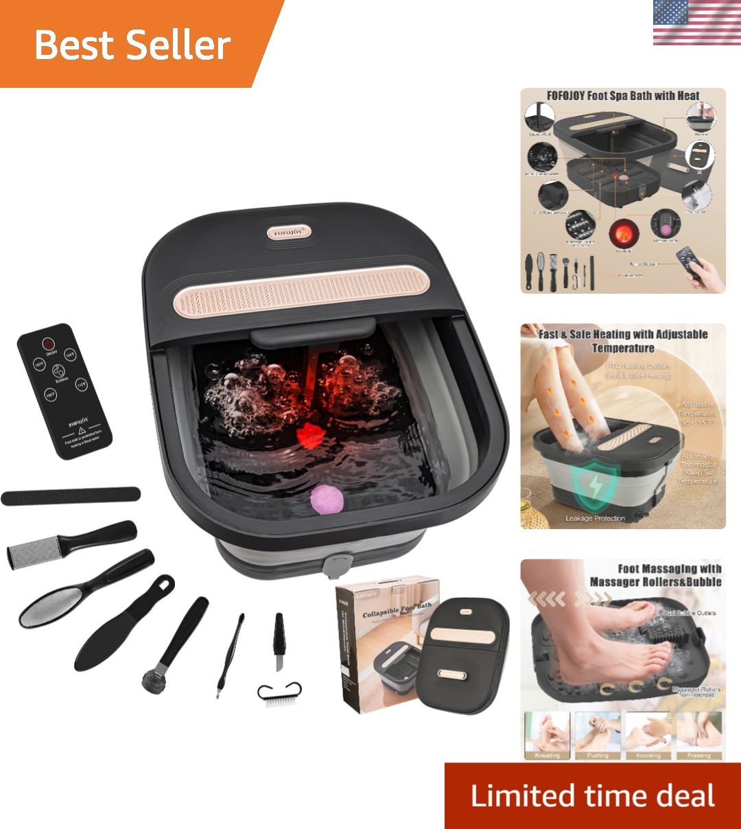 Collapsible Foot Spa Bath with Massager and Heat and Bubble Jets, Temperature
