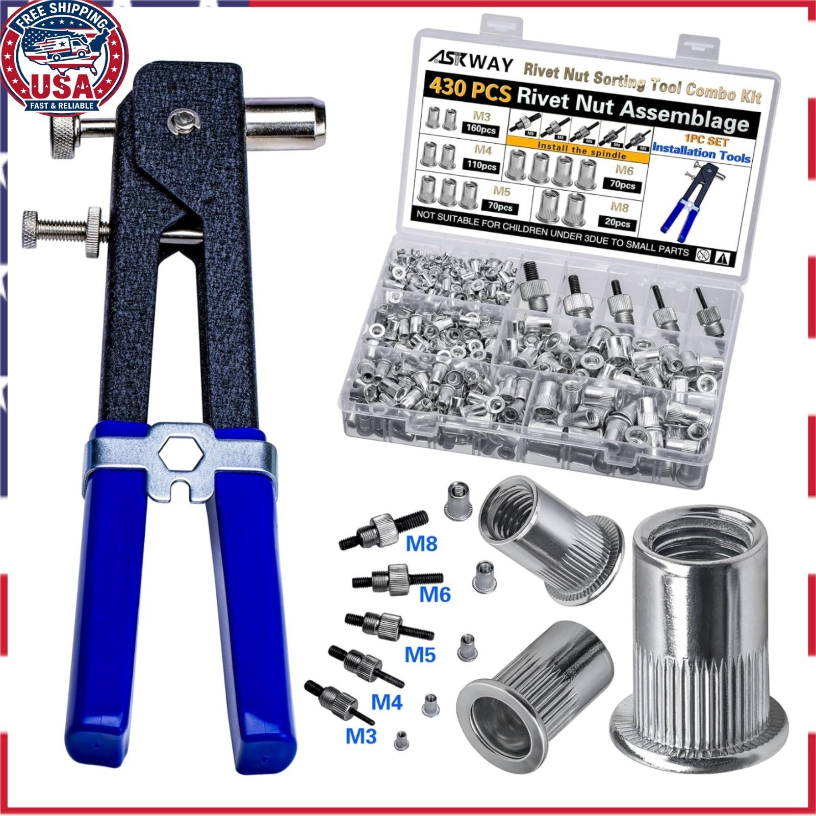 AskWay Pressure Rivet Nut Tool Kit 430Pcs Aluminum M8/M6/M5/M4/M3