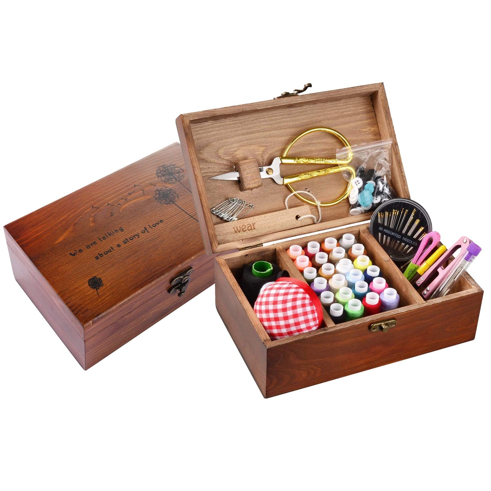 Sewing Kit, Wooden Kit Box for 5.31 x 5.83 x 3.07 inch, Retro Brown