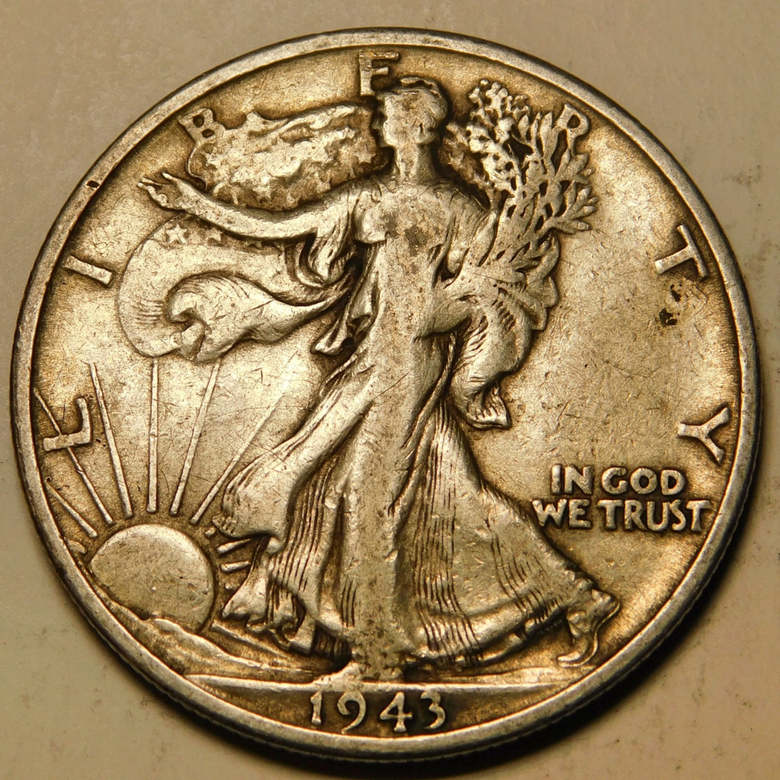 1943 S Walking Liberty Half Dollar 90% Silver F-VF  "As Pictured-Not Cleaned"
