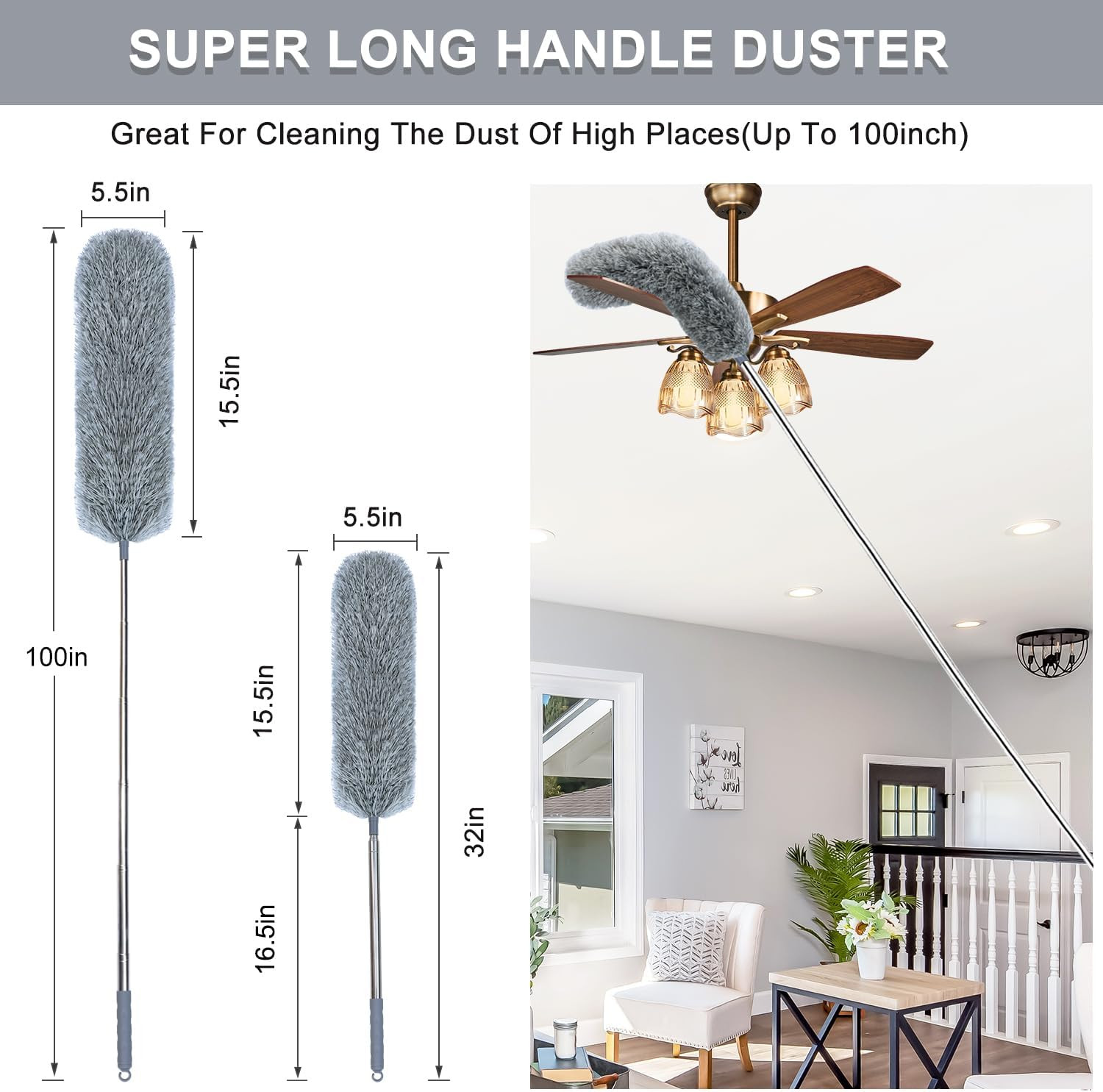 100 Extendable Microfiber Feather Duster, Telescoping Pole for High Ceiling Clea