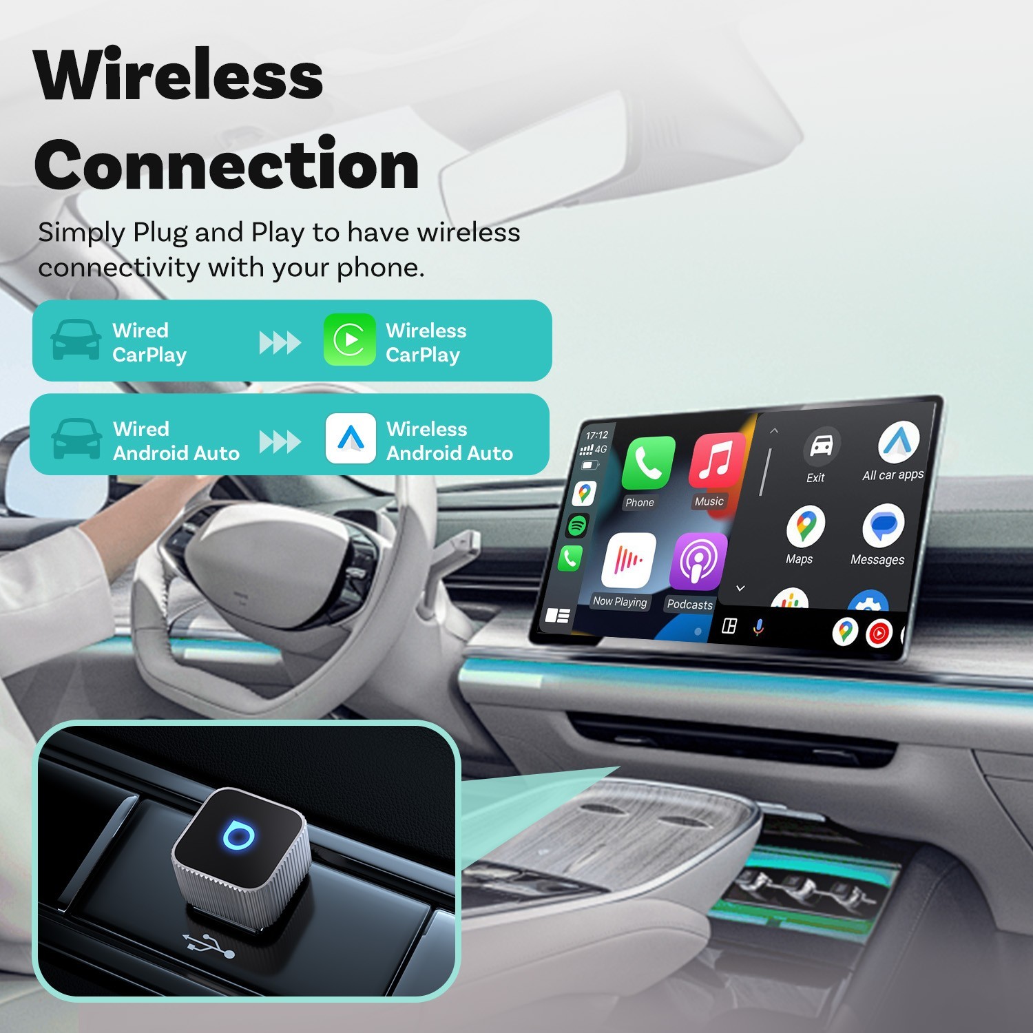 2in1 Ottocast Ultra Mini Slim Wireless CarPlay+Android Auto Adapter OTA USB Plug