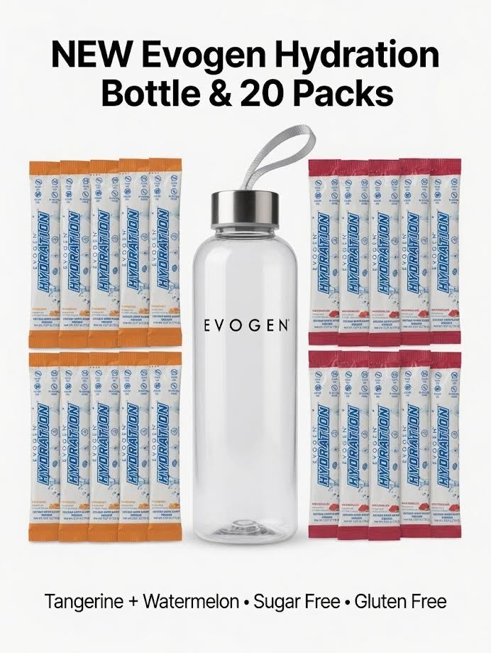 Evogen Hydration Bottle + 20 Electrolyte Powder Sticks Watermelon Tangerine