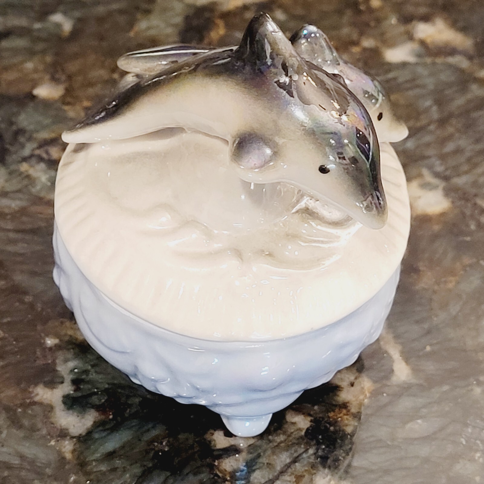 Ceramic Whimiscal Double Dolphins Lidded Trinket Box