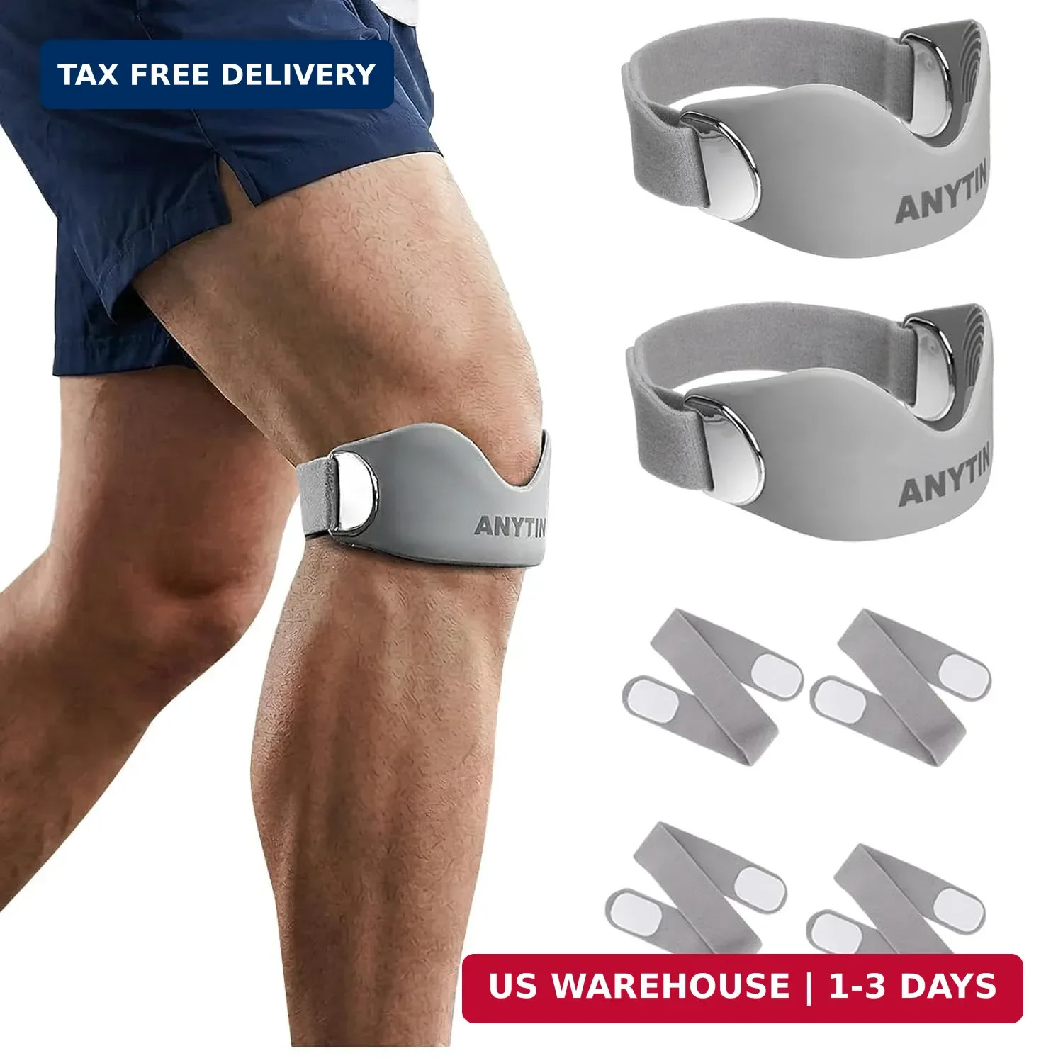 Silicone Patellar Tendon Support Strap 2 Pack, Adjustable Patella Knee Strap for