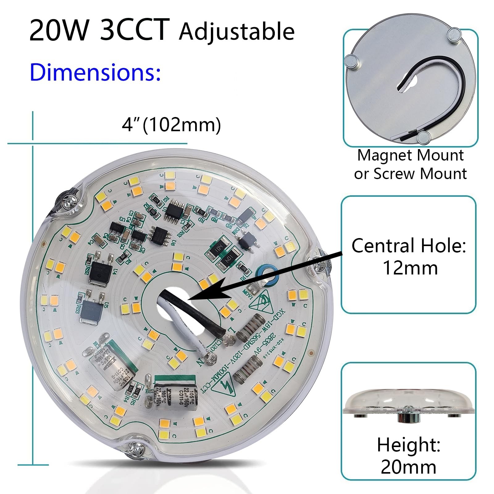 20W 4'' Ceiling Fan Light Retrofit Kit, Ceiling Light Module Board Bulb, 3CCT...