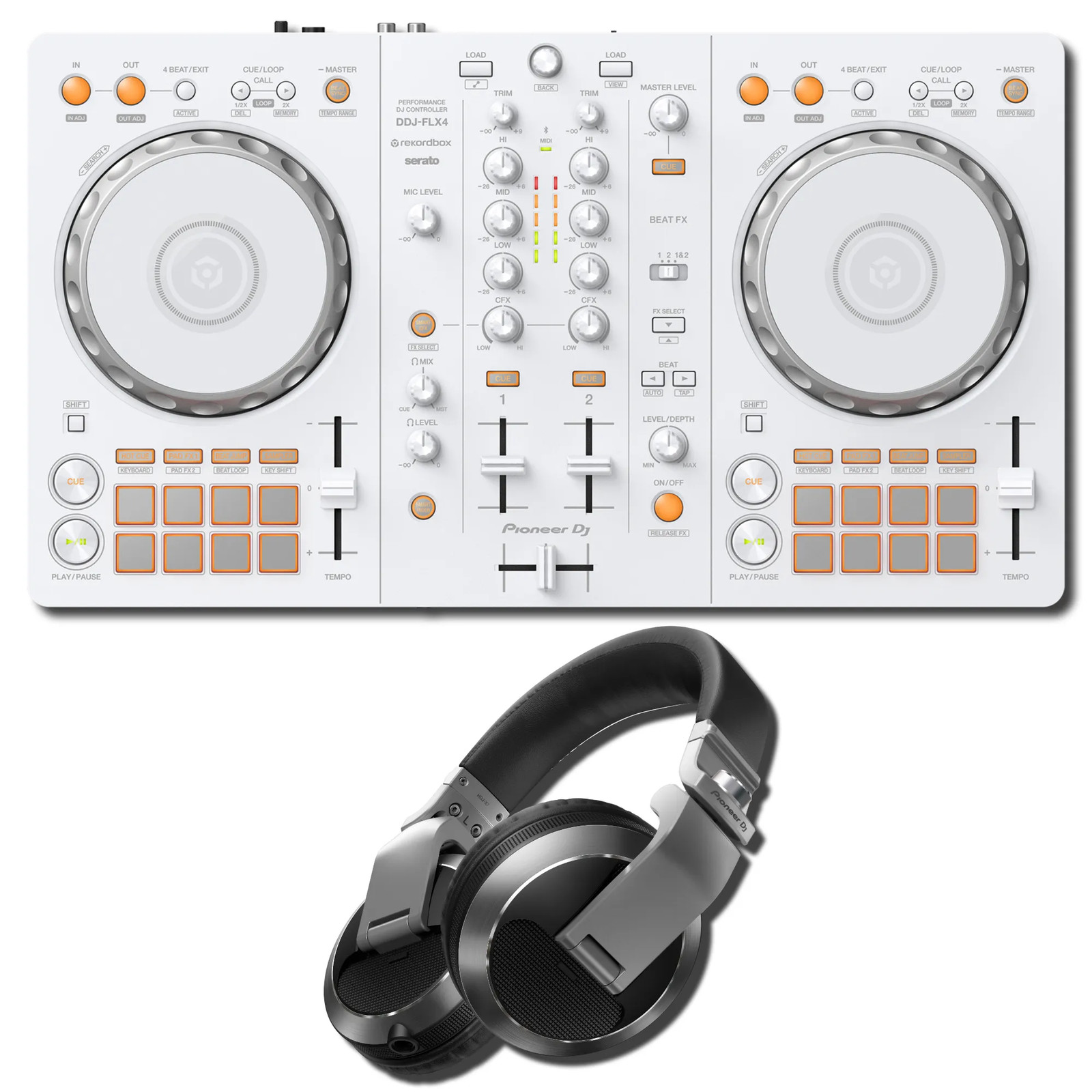 Pioneer DJ DDJ-FLX4-W White 2-Channel DJ Controller w/ HDJ-X7-S Silver Headphone
