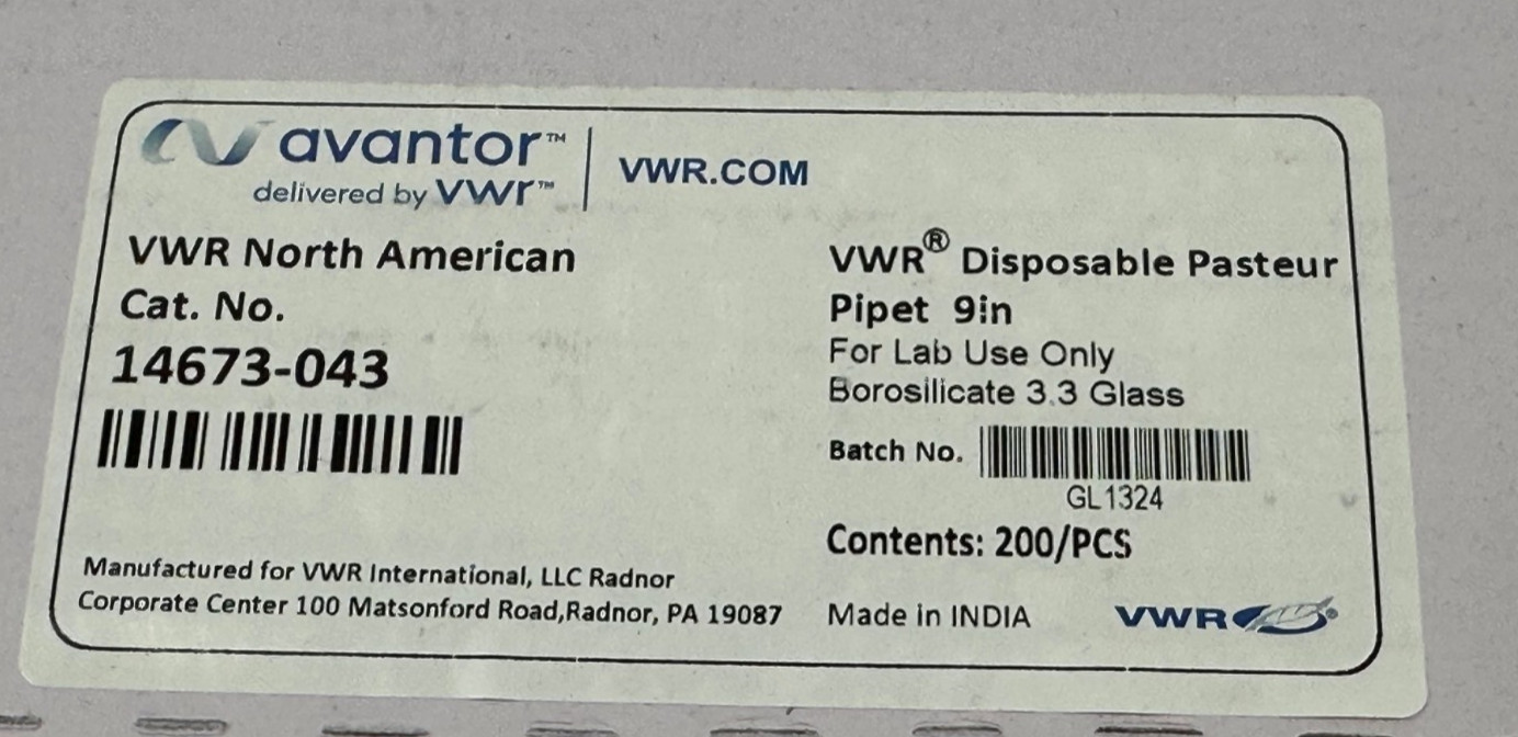 (200PK) VWR 14673-043 Disposable Borosilicate 2ml Pasteur Pipet 9" NEW FREE SHIP