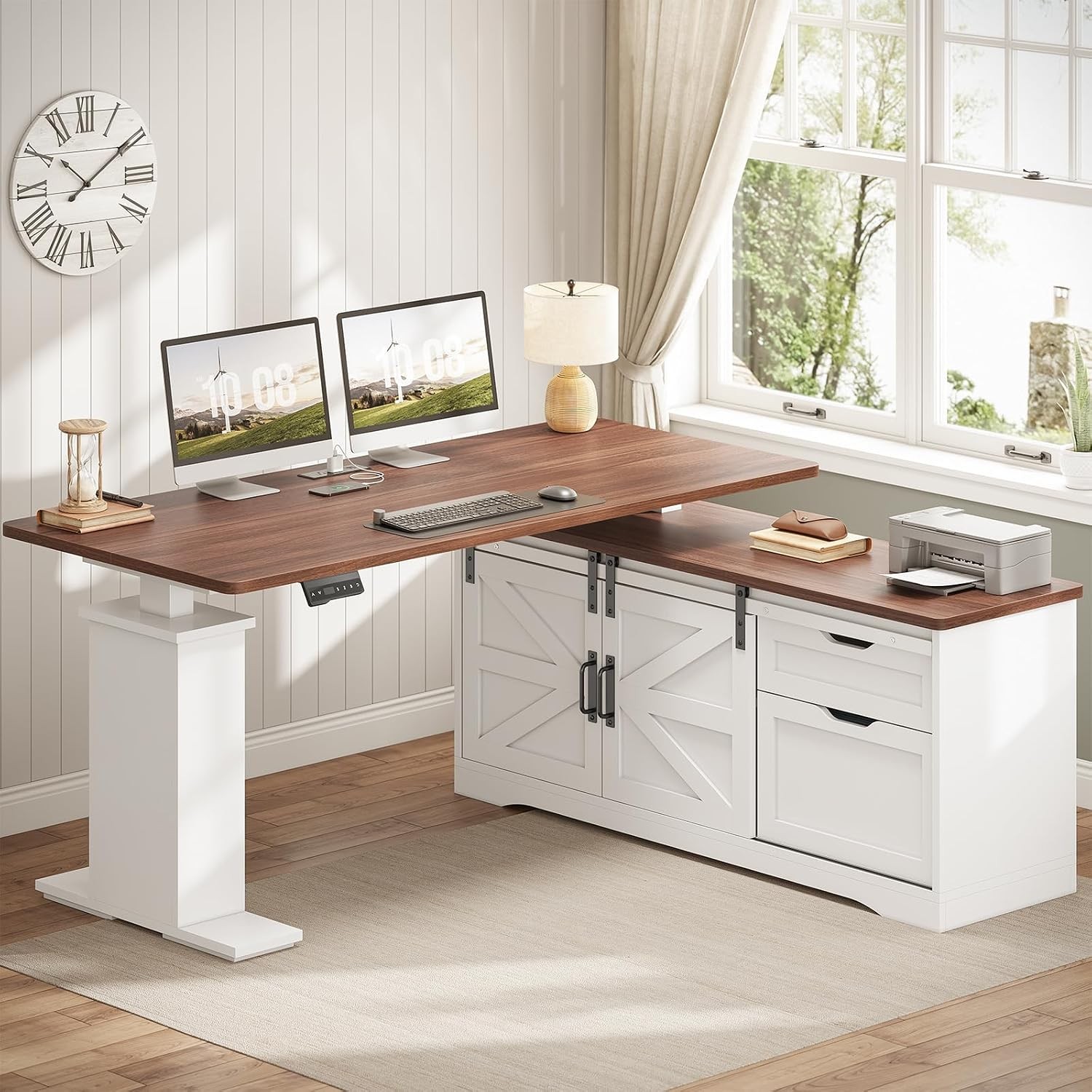Farmhouse L Shaped Standing Desk 55 inch Height Adjustable Corner Desk W/