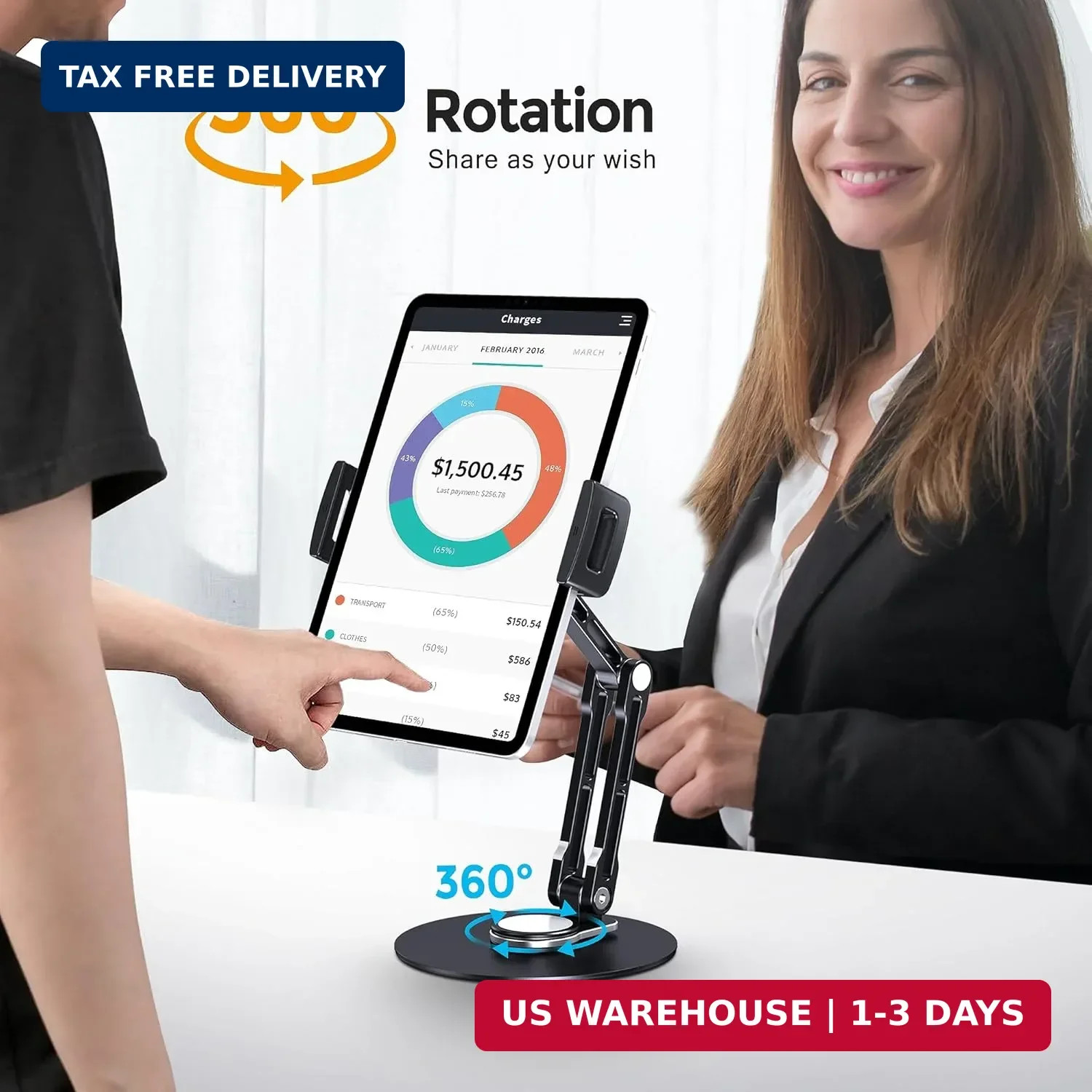 Tablet Stand Holder for iPad, Adjustable with 360 Rotating Base for Desk, Alumin