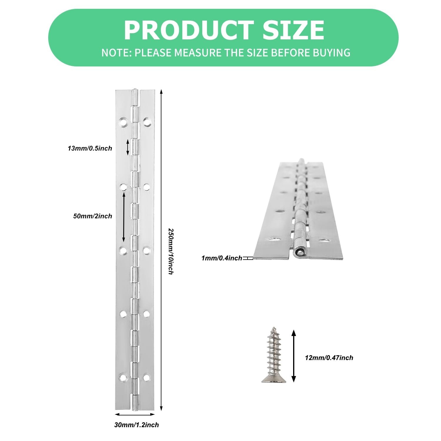 6Pack Silver Continuous & Piano Hinge1.2 OpenWidthX0.04 ThicknessX10'' Heavy ...