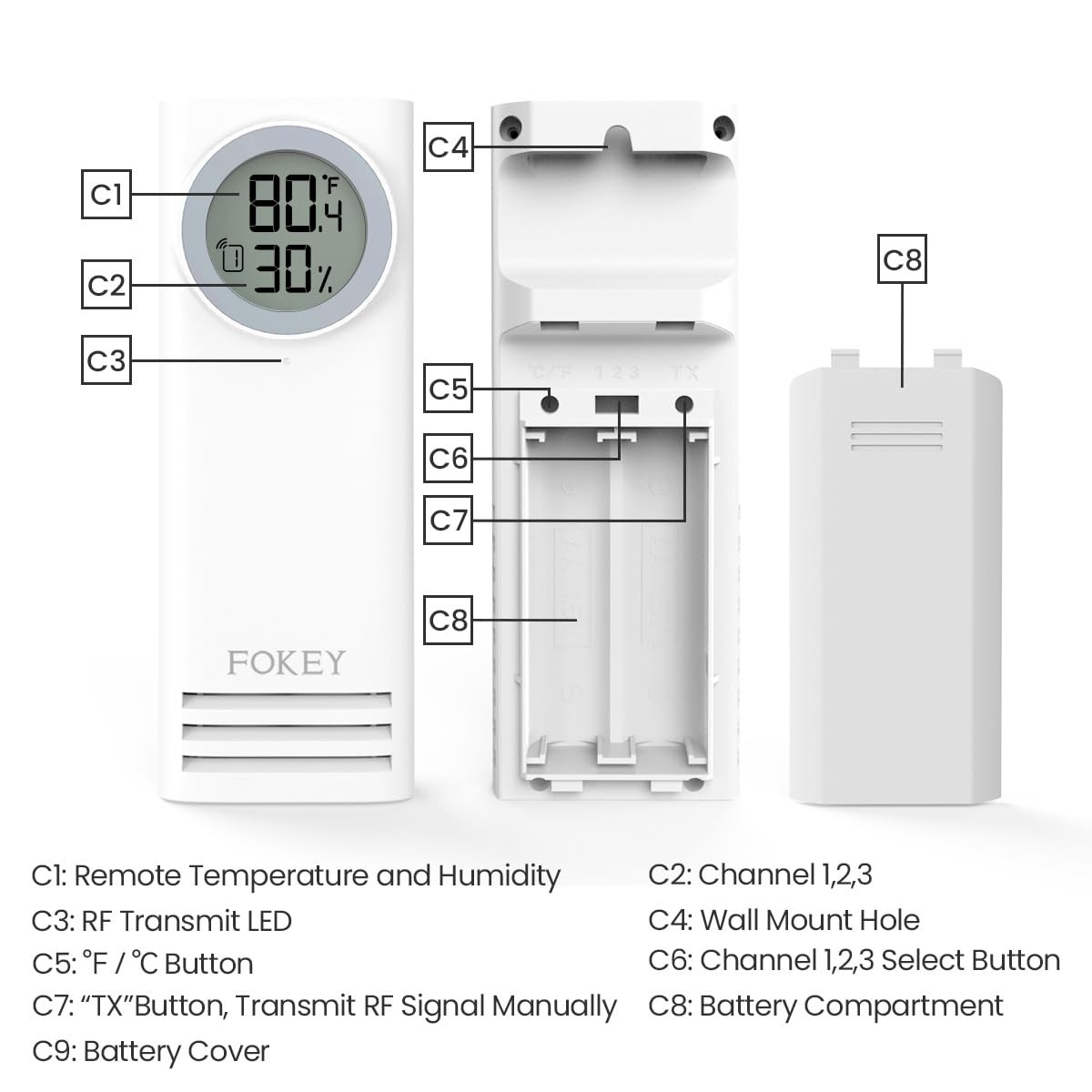 Remote Sensor Indoor Outdoor Thermometer 3 Channels Wireless - Compatible with
