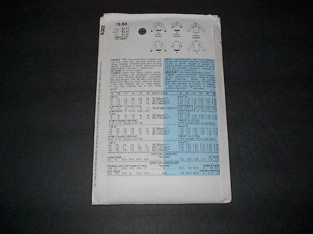 Butterick Pattern 6302 Misses' Very Loose-Fitting Pullover Top w/Variations 8~12