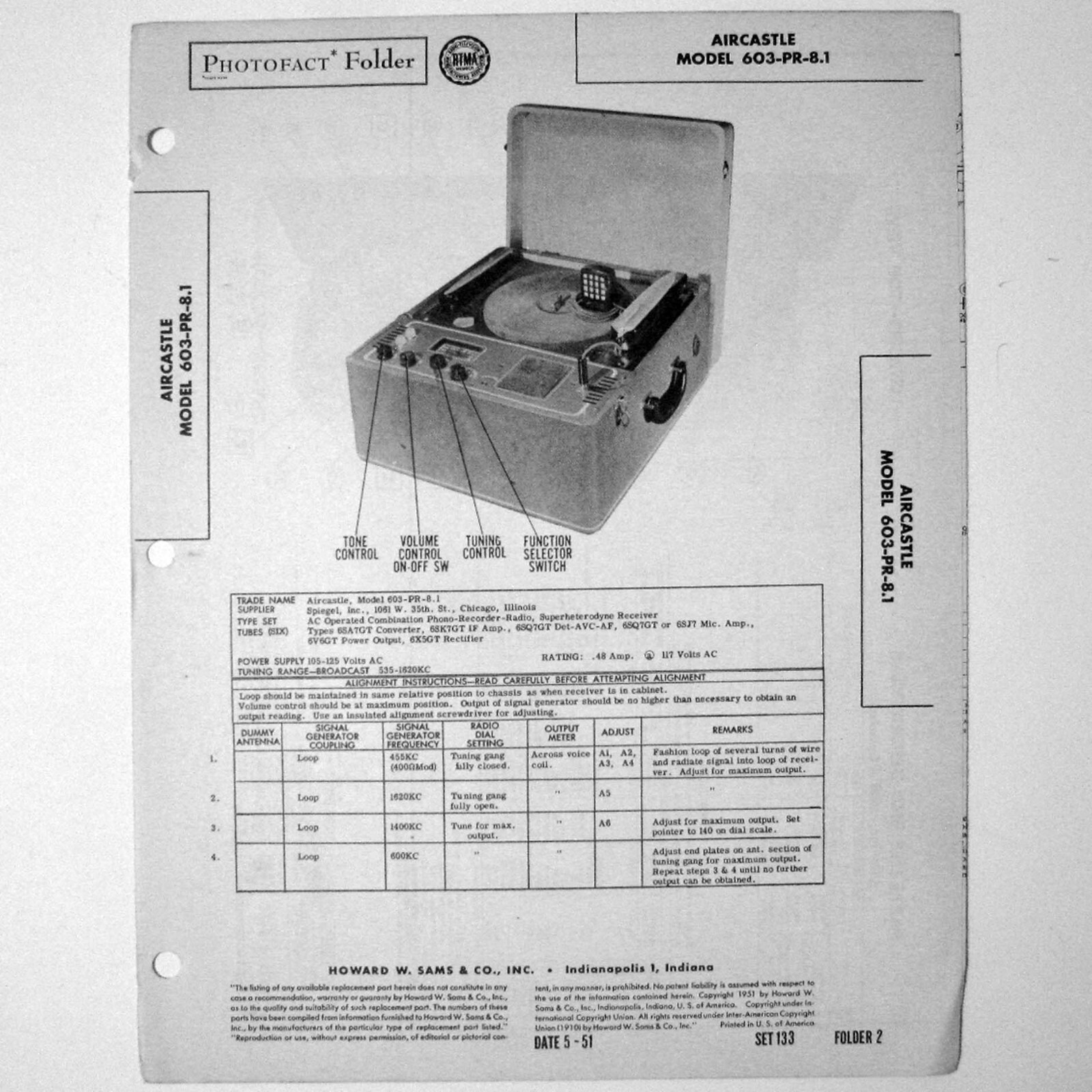Aircastle Model 603-PR-8.1 Portable Record Player - SAMS Photofact ™ 1951 - New