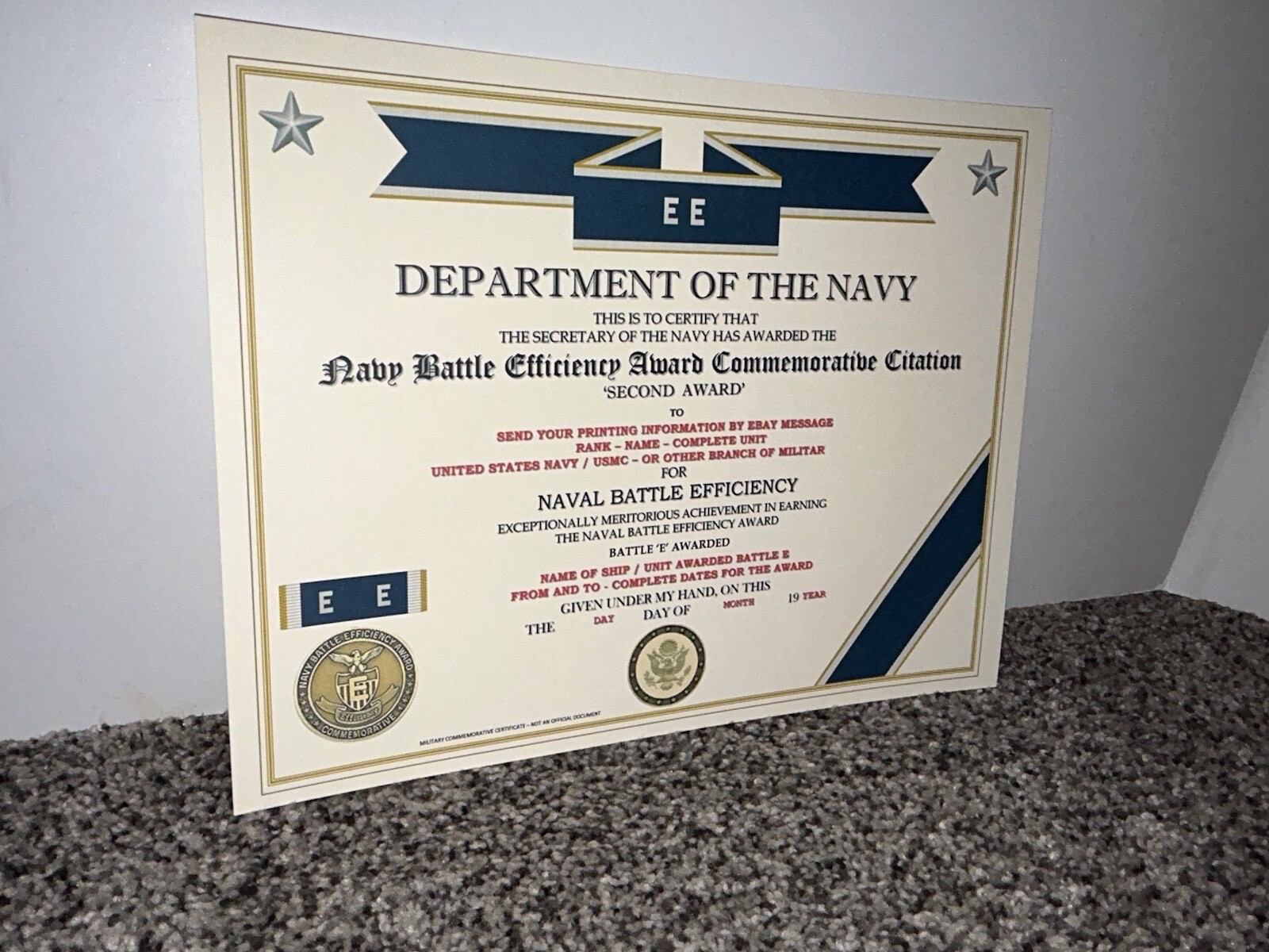 NAVY BATTLE E CITATION~2ND AWARD COMMEMORATIVE CERTIFICATE ~ TYPE-2 / W/PRINTING