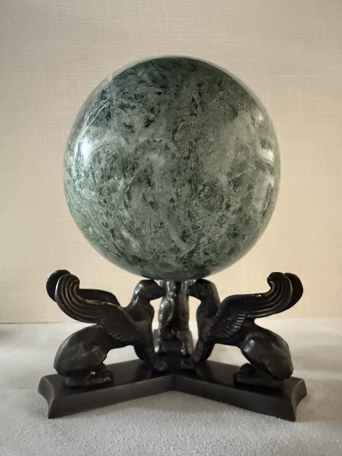Vintage Green Marble Sphere Orb Bronze Tone Griffin Gryphon Stand